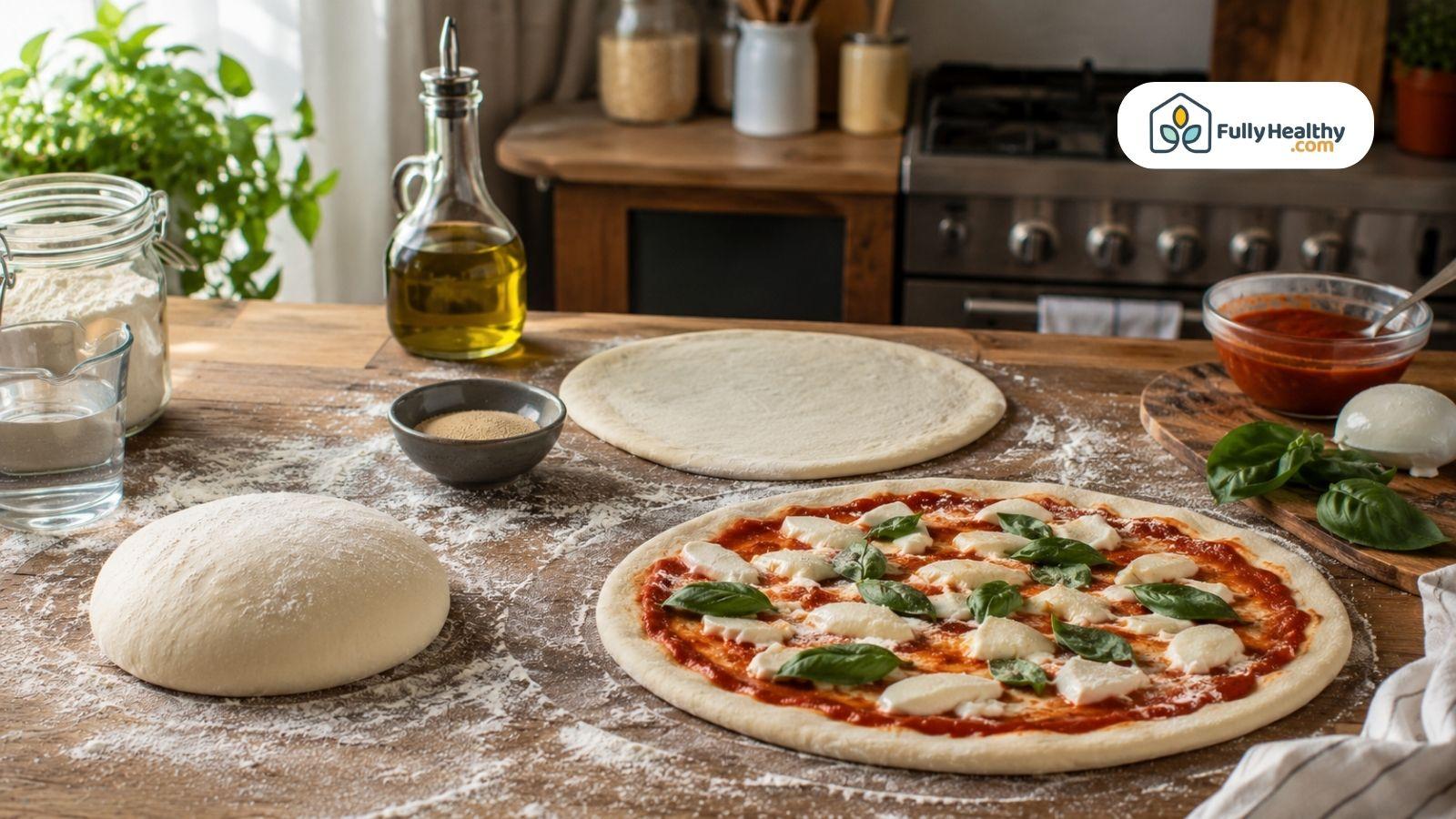 Traditional pizza dough and fresh Margherita pizza prepared in home kitchen.