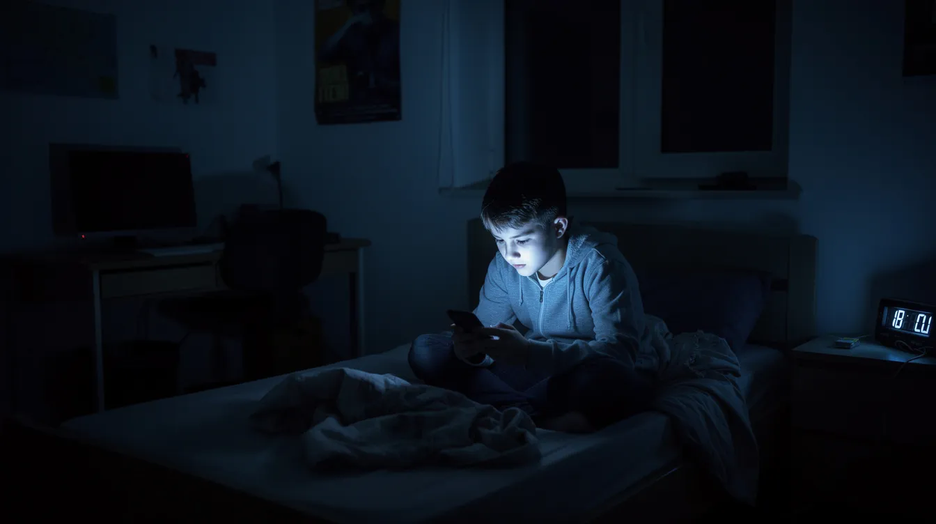 A teenager sits alone in a dark room, gazing intently at a bright phone screen late at night, which may contribute to feelings of extreme tiredness and low mood often associated with chronic fatigue syndrome. The dim surroundings highlight the contrast of the screen's light, emphasizing the isolation that can accompany fatigue and anxiety in adolescents.