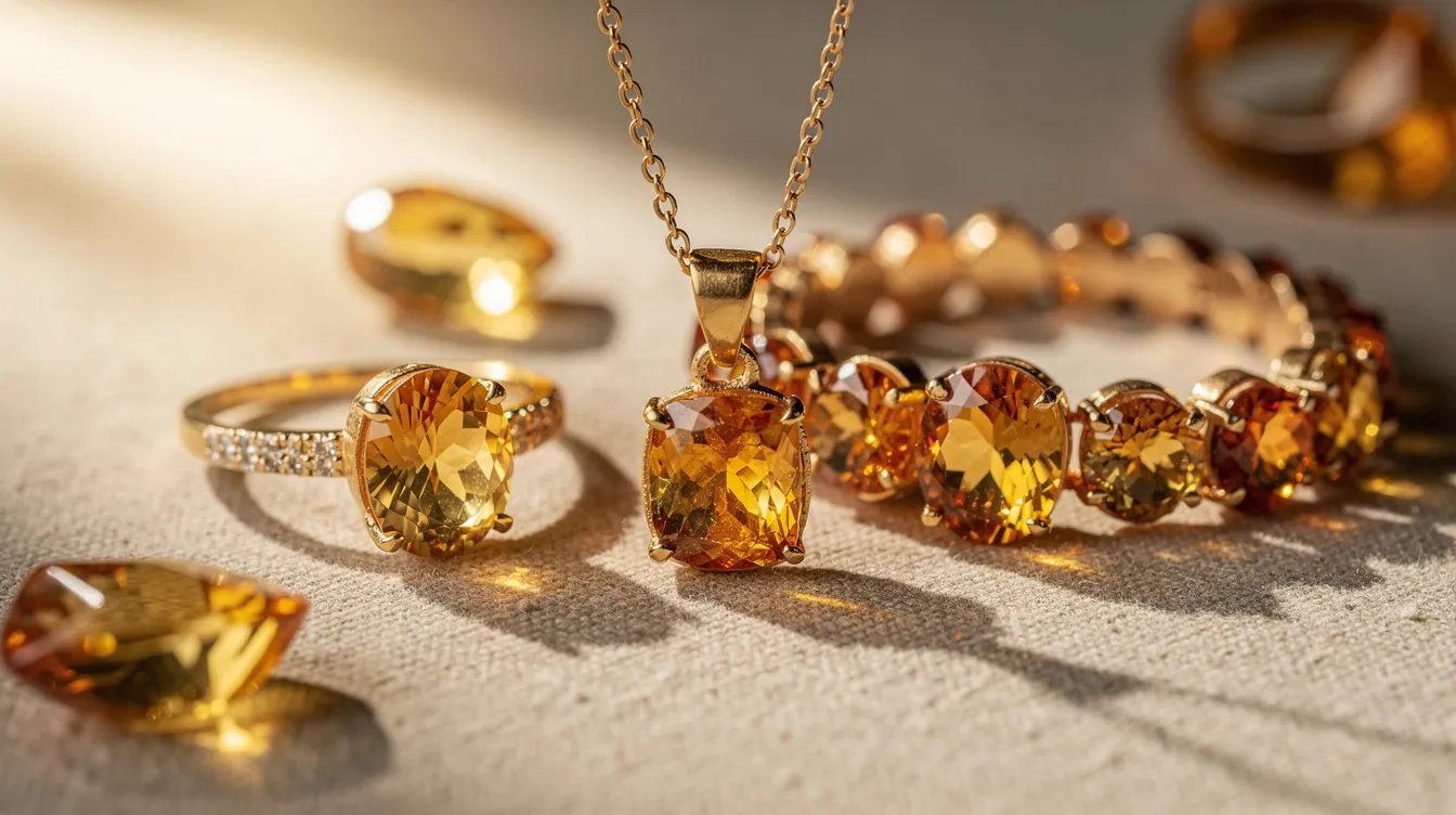 The image features a stunning collection of jewelry made with natural citrine, showcasing its vibrant golden yellow tones in various settings like rings, necklaces, and bracelets. This beautiful gemstone is often favored for its positive energy and affordability compared to similar stones like yellow topaz, making it a popular choice for those who appreciate handcrafted gemstone jewelry.