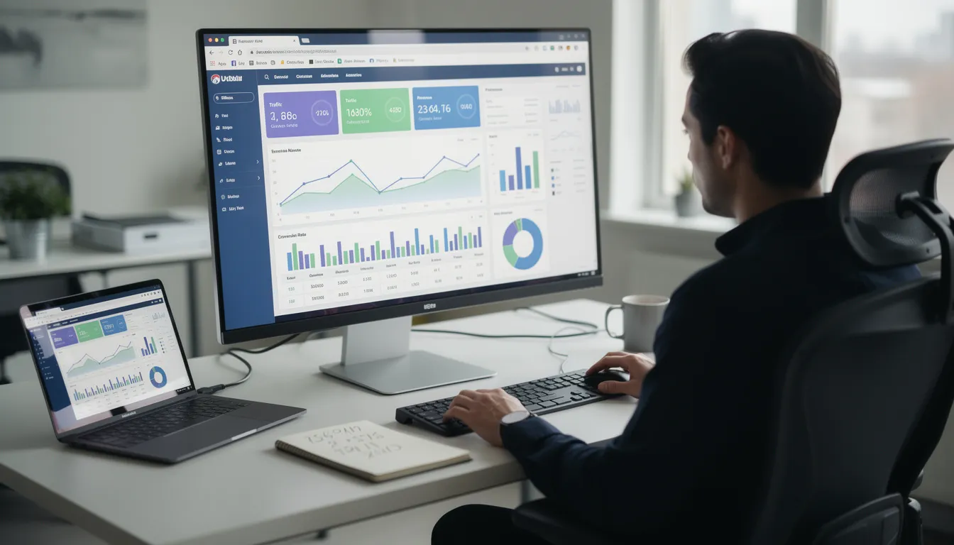 A person is seated at a desk, focused on multiple browser tabs displaying various analytics dashboards, including Google Analytics and Google Search Console data. The screens showcase key metrics related to SEO performance, such as keyword rankings, organic traffic, and site visibility, indicating their efforts in optimizing search engine performance.