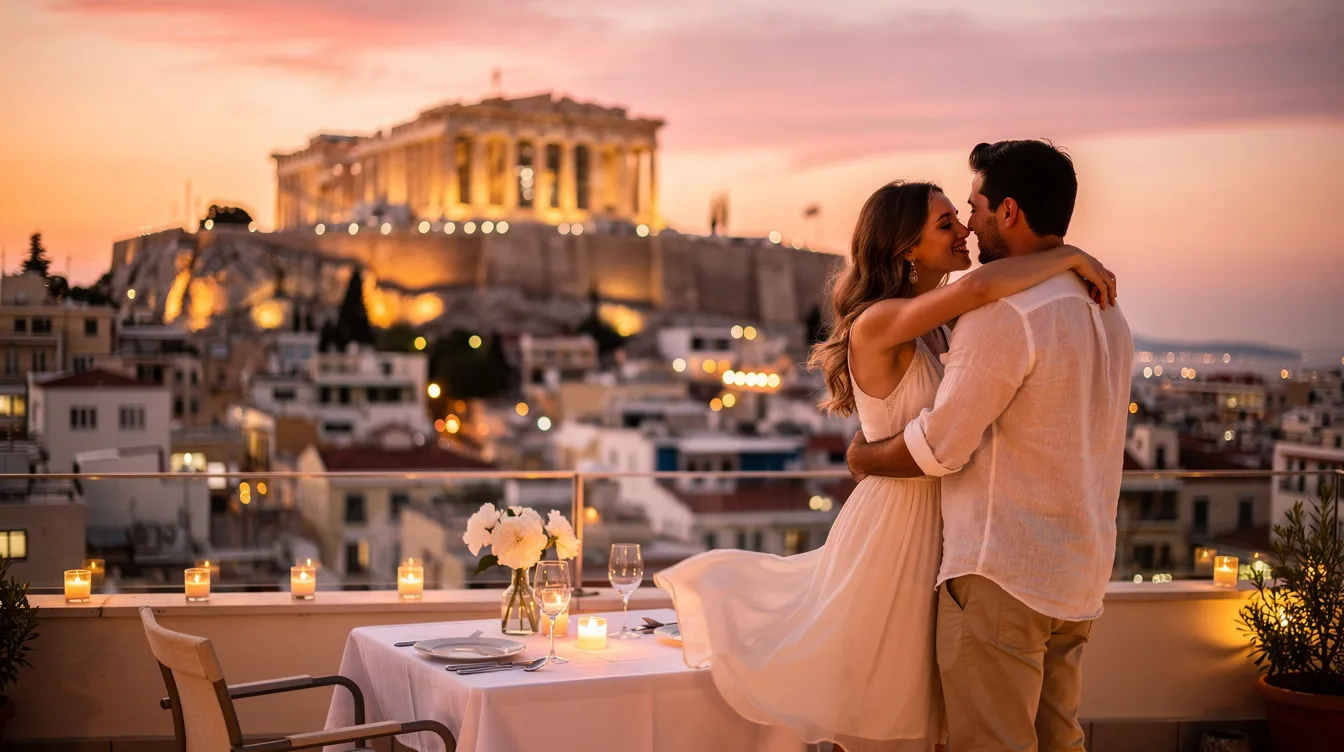 A imagem retrata um casal em uma romântica lua de mel em Atenas, com o icônico Templo de Partenon ao fundo, iluminado pela luz suave do pôr do sol. O cenário é perfeito para uma viagem inesquecível na Grécia, destacando a rica história e cultura da cidade.