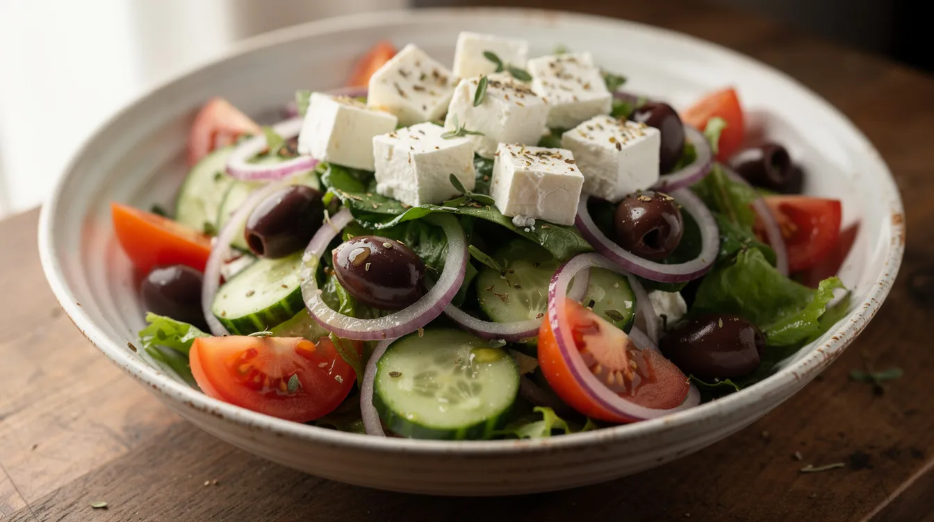 Der bunte griechische Salat in der Keramikschale enthält frische Zutaten wie Gurken, Tomaten, Oliven und weißen Käse, der oft als Feta oder Schafskäse bezeichnet wird. Diese Kombination aus verschiedenen Käsesorten und Gemüse sorgt für einen erfrischenden Genuss, typisch für die griechische Küche.