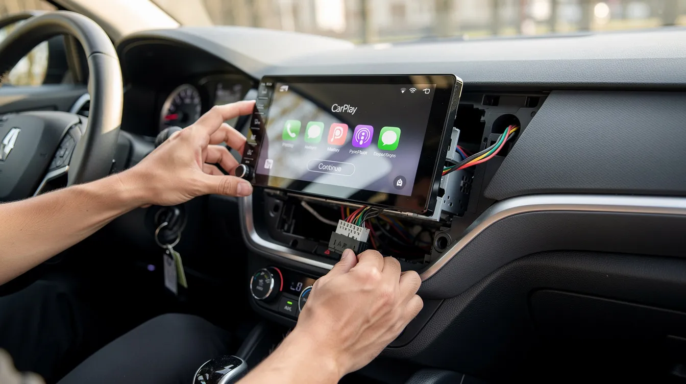 The image shows a person installing a new head unit featuring Apple CarPlay into a car's dashboard, using tools like screwdrivers and a wiring harness adapter. The scene captures the process of upgrading the vehicle's infotainment system, ensuring a secure connection for enhanced navigation and smartphone integration.