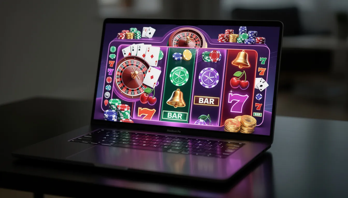 Online Casinos ohne Lizenz 2026 – Chancen, Risiken & aktuelle Anbieter 27 Auf dem Bildschirm eines Laptops sind bunte Casino-Spiele zu sehen, darunter Spielkarten und Symbole von Spielautomaten, die die Vielfalt und den Spaß von Online-Casinos ohne Lizenz widerspiegeln. Diese Darstellung vermittelt das aufregende Erlebnis des Online-Glücksspiels und die verschiedenen Spielmöglichkeiten, die Spielern zur Verfügung stehen.