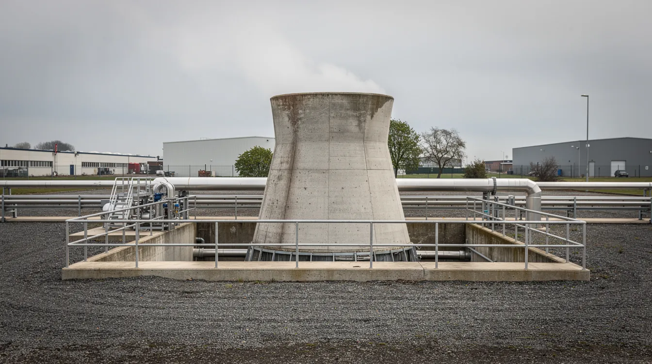 The image depicts a cooling tower, showcasing its mechanical components and heat transfer surfaces. This cooling tower is designed for efficient heat transfer, highlighting common cooling tower problems such as scale deposits and rising water temperatures, which can affect overall cooling tower efficiency.