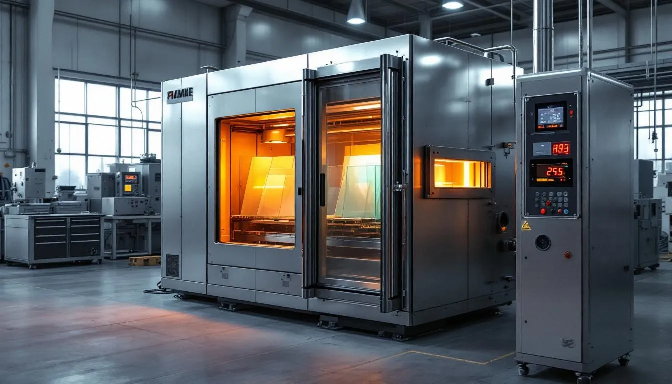 The image depicts a heat soaking furnace used for thermal testing of toughened glass panels, showcasing the equipment designed to reduce the risk of spontaneous breakage due to nickel sulphide inclusions. The furnace is likely set up for the heat soaking process, which involves heating the glass to high temperatures to eliminate potential nickel contamination.