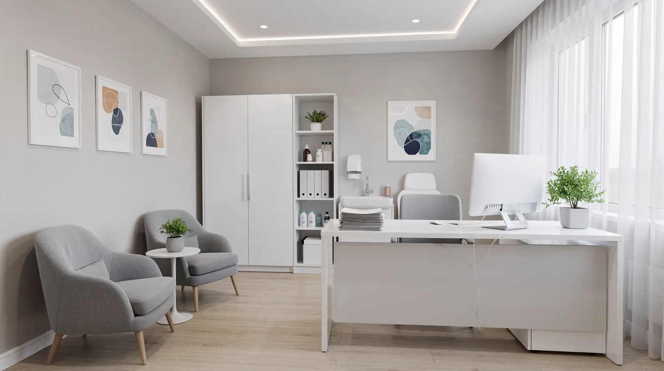 The image depicts a modern medical consultation room featuring comfortable seating and a clean, minimalist decor, designed to create a welcoming atmosphere for breast augmentation patients. This space is likely used by board certified plastic surgeons to discuss breast surgery options, including various implant types and costs.