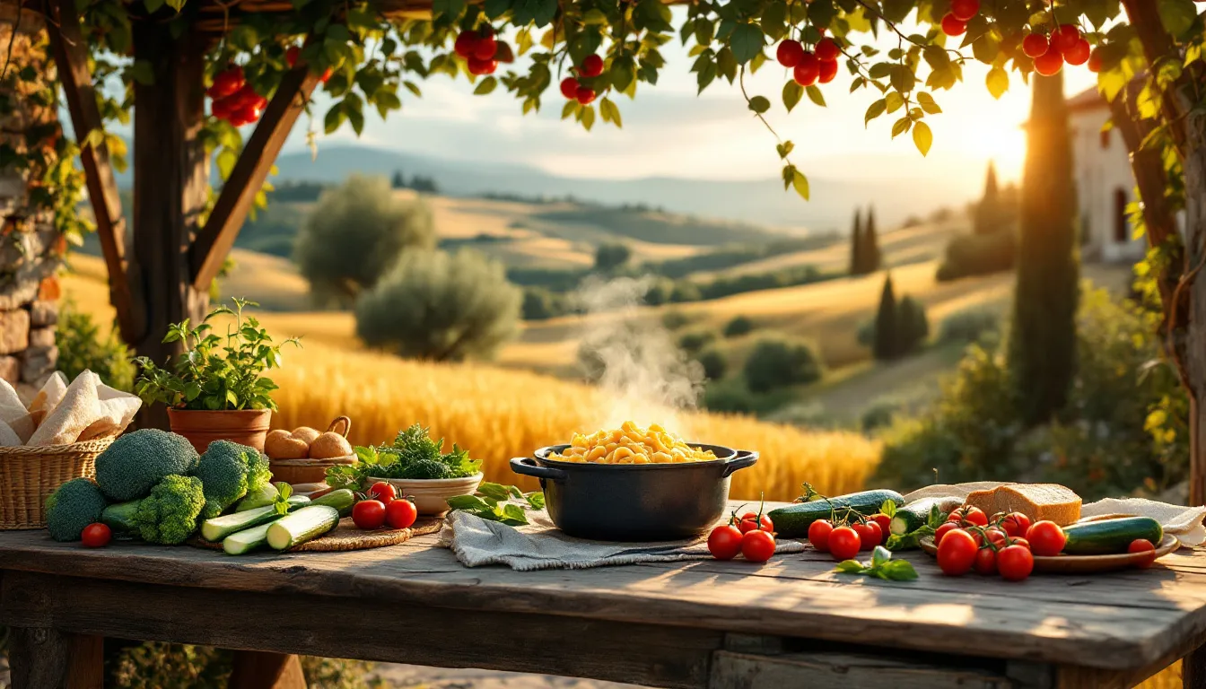 Ingredients for orecchiette pasta with garlic and olive oil, including fresh vegetables and spices.