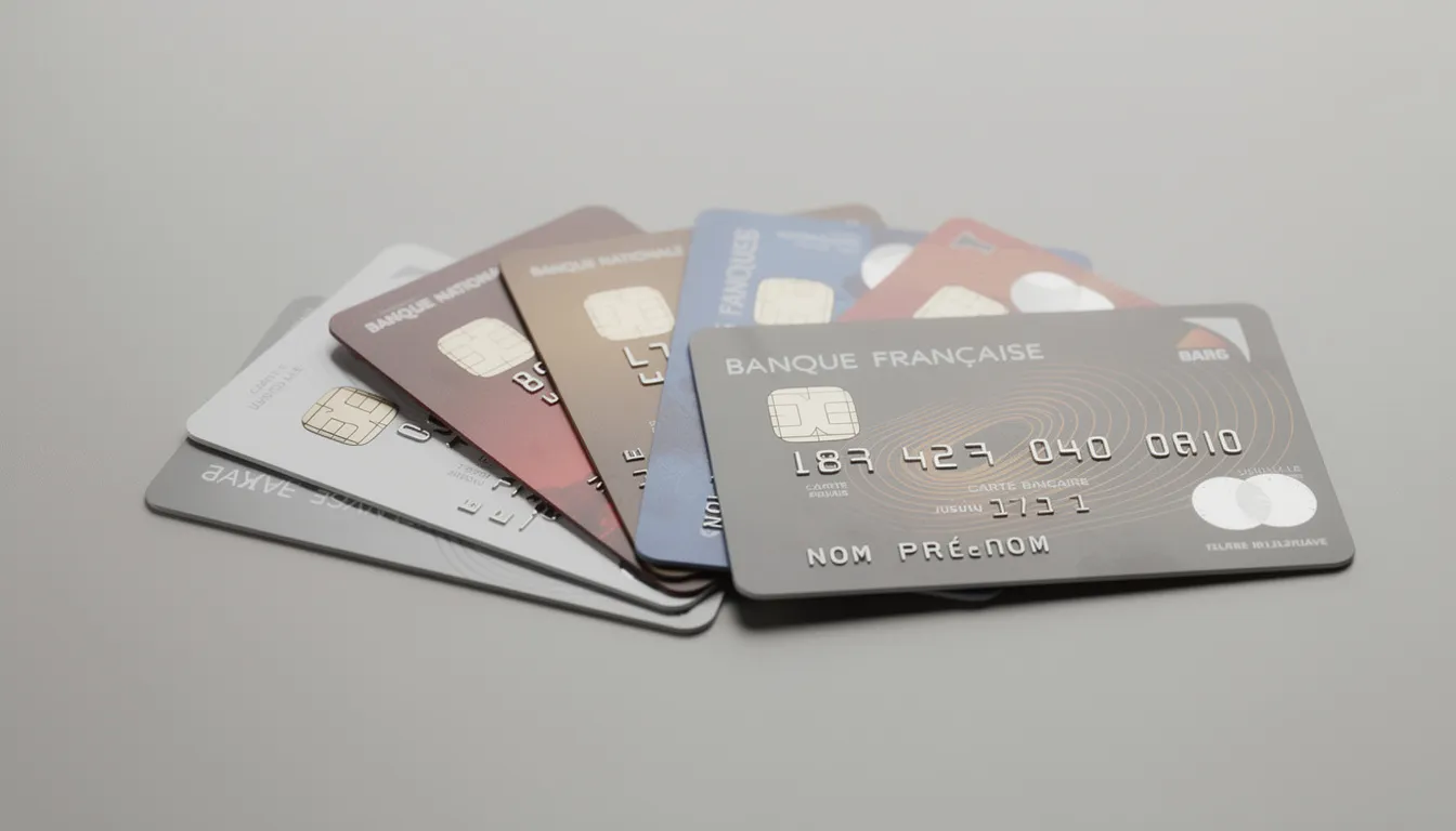 L'image montre plusieurs cartes bancaires disposées en éventail sur une surface, symbolisant les options de paiement pour des services tels que la location de voiture. Ces cartes peuvent également évoquer des discussions sur l'assurance collision, notamment l'assurance CDW, en cas de dommages causés au véhicule.