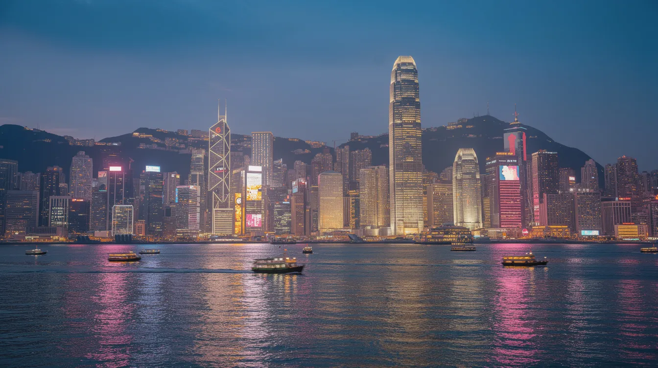 香港維多利亞港夜景,展示香港金融市場的活力與多元貸款選擇,包括公務員及專業人士的低息貸款產品。