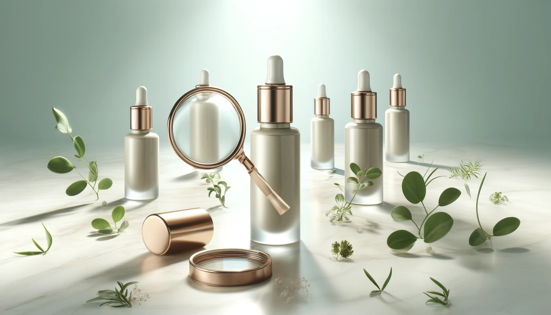 visually striking scene on a pristine, light-colored marble surface with several elegantly designed eyelash serum bottles