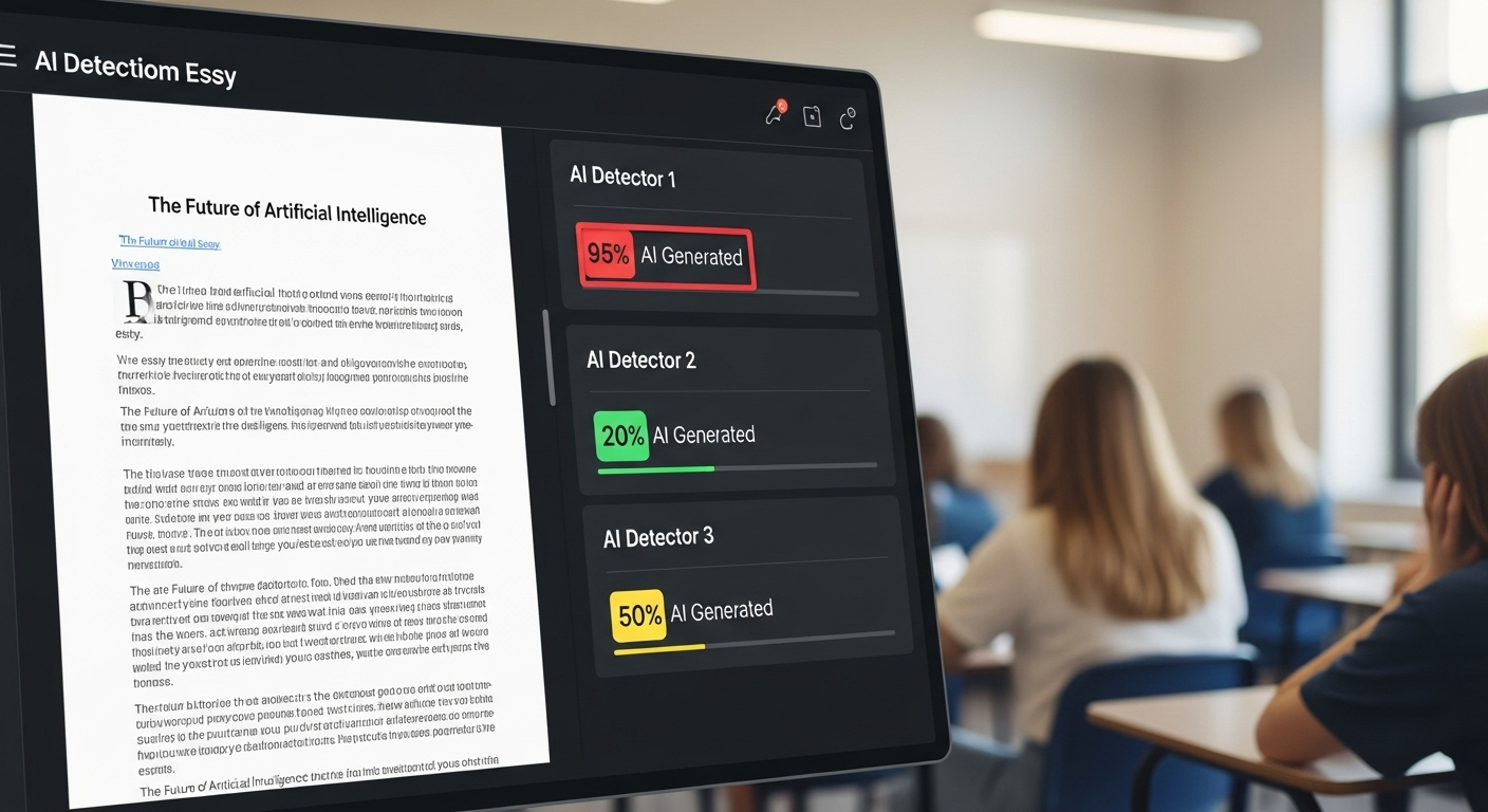 Digital dashboard displaying conflicting AI detection scores for the same student essay.