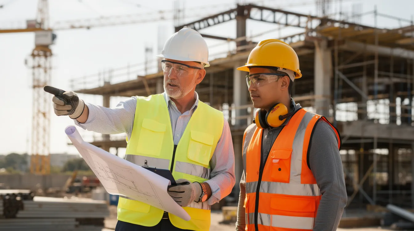 A professional mentor, wearing a hard hat and safety vest, is guiding a younger worker at a construction job site, both equipped with safety gear. This image highlights the importance of professional development and mentorship in the construction industry, which can enhance member engagement and satisfaction within membership organizations.