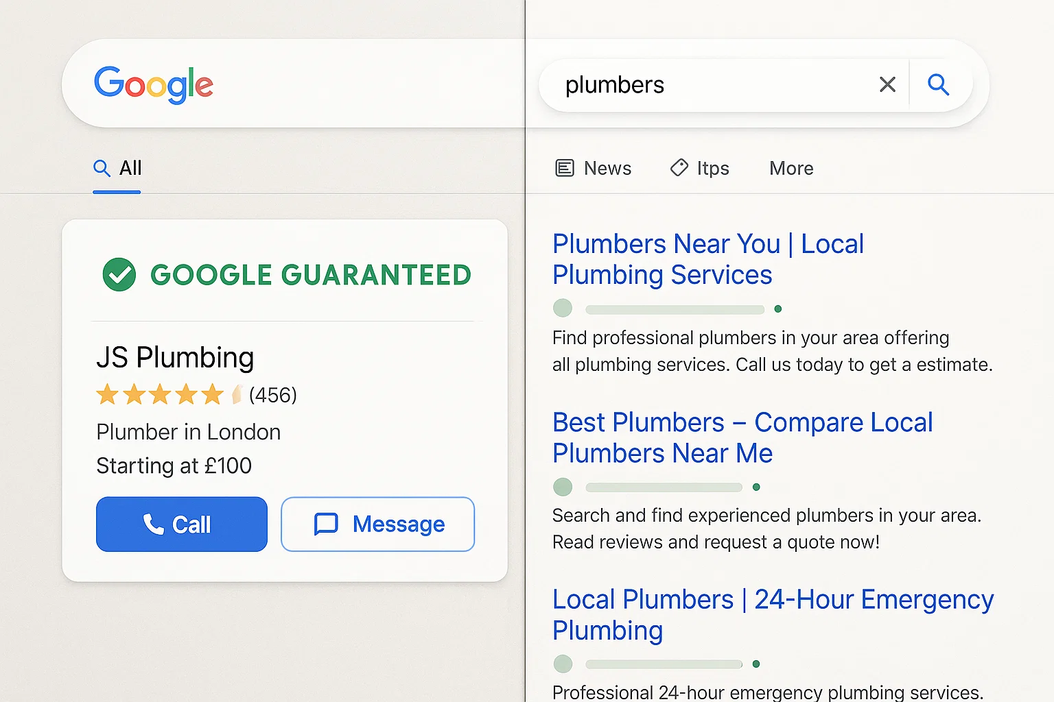 Split-screen image comparing Google Guaranteed ads with organic SEO results on Google Search.