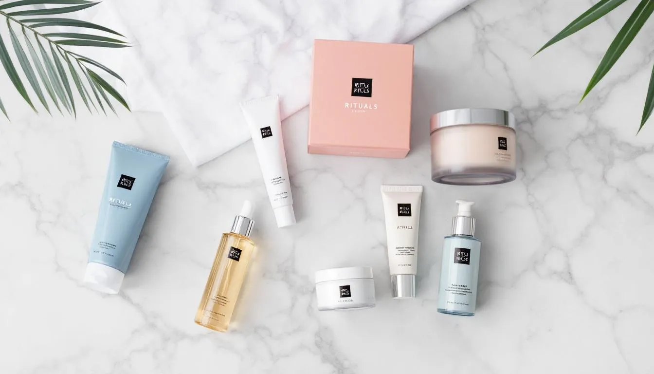 Na marmurowej powierzchni ułożone są eleganckie zestawy upominkowe Rituals, w tym kosmetyki takie jak zapachowe świece, prysznic w żelu oraz rozświetlający olejek, które zachęcają do relaksu i pielęgnacji ciała. Zestawy te są idealnym pomysłem na prezent, oferując składniki pochodzenia naturalnego w luksusowym wydaniu.
