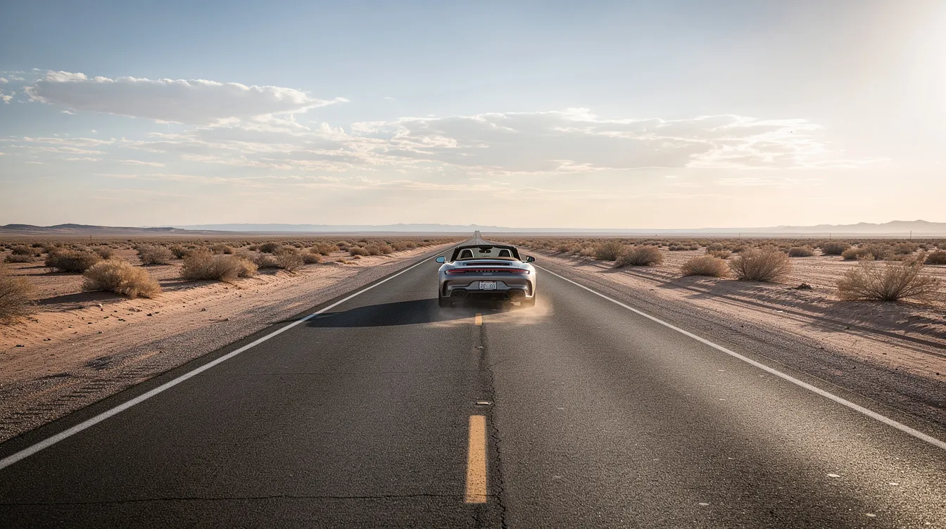 Eine offene Wüstenlandschaft erstreckt sich bis zum Horizont, wo eine lange, gerade Straße verläuft. Auf dieser Straße fährt ein Cabrio unter einem weiten Himmel, was an die weiten, futuristischen Szenarien in Science-Fiction-Filmen erinnert, die oft von Regisseur Ridley Scott inszeniert werden.