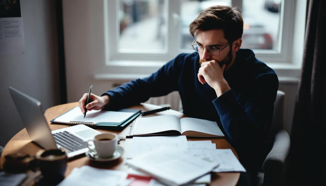 The image depicts a person deep in thought, contemplating a decision, with a furrowed brow and a hand on their chin, embodying the essence of weighing options. This moment captures the very beginning of a personal story, where the writer's internal struggle could serve as an engaging hook to grab the reader's attention in an essay or blog post.