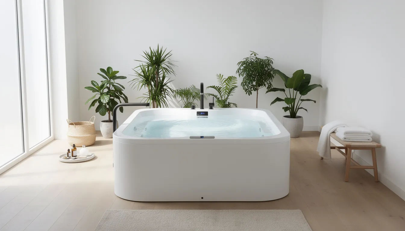 A modern cold plunge tub is elegantly placed in a bright wellness space, filled with natural light, emphasizing its role in cold water therapy and promoting benefits such as reducing inflammation and improving circulation. The clean environment suggests a focus on health and relaxation, ideal for sessions of cold water immersion.