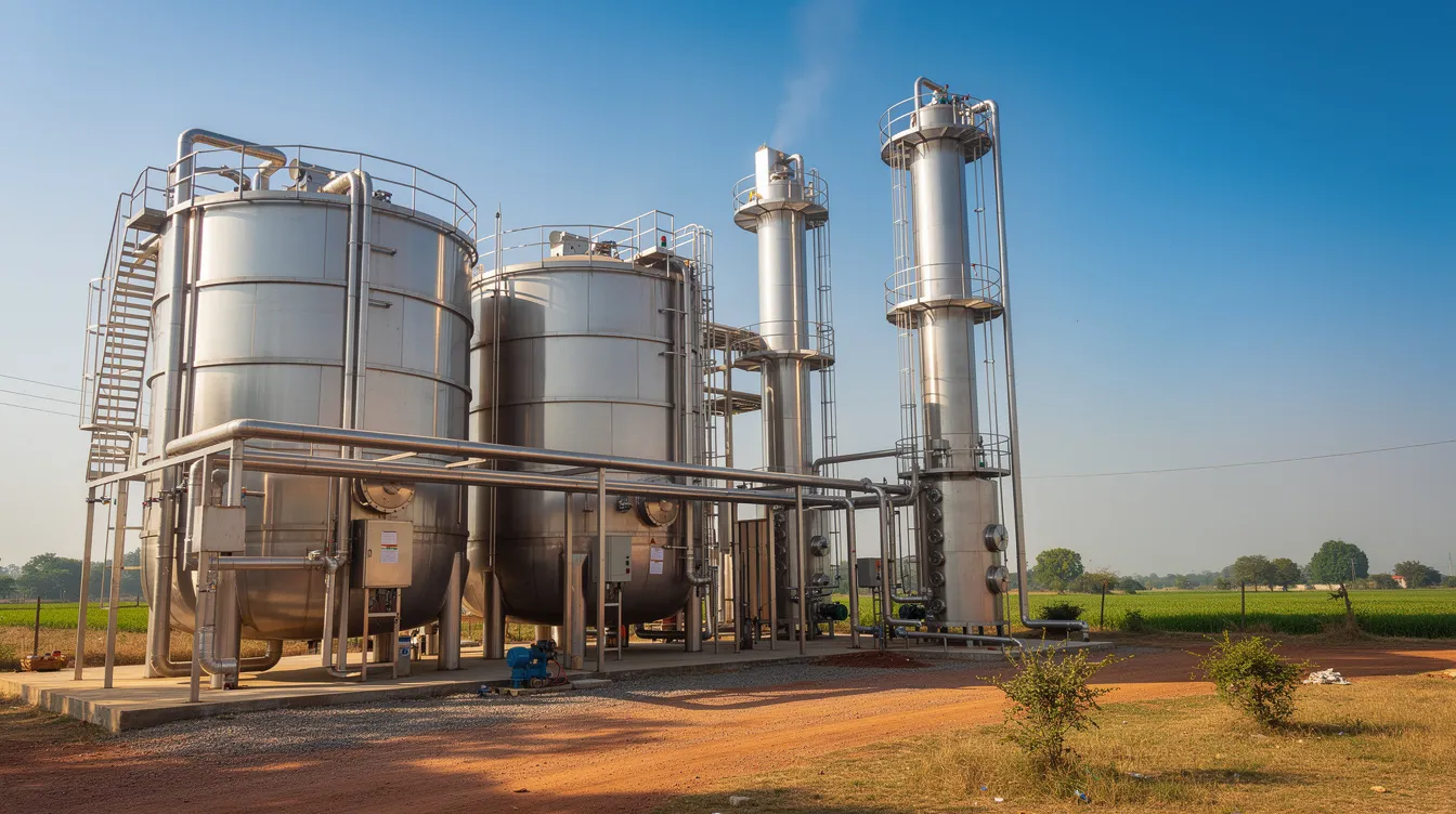 34b2e2ae 29f7 4dc2 b634 eda657969938 The image depicts a wide-angle view of an industrial ethanol manufacturing plant in a rural Indian setting, featuring tall distillation columns, large storage tanks, and extensive piping under a clear blue sky. This ethanol plant is designed for efficient ethanol production, highlighting its significance in meeting market demand for renewable energy sources and alternative fuels.