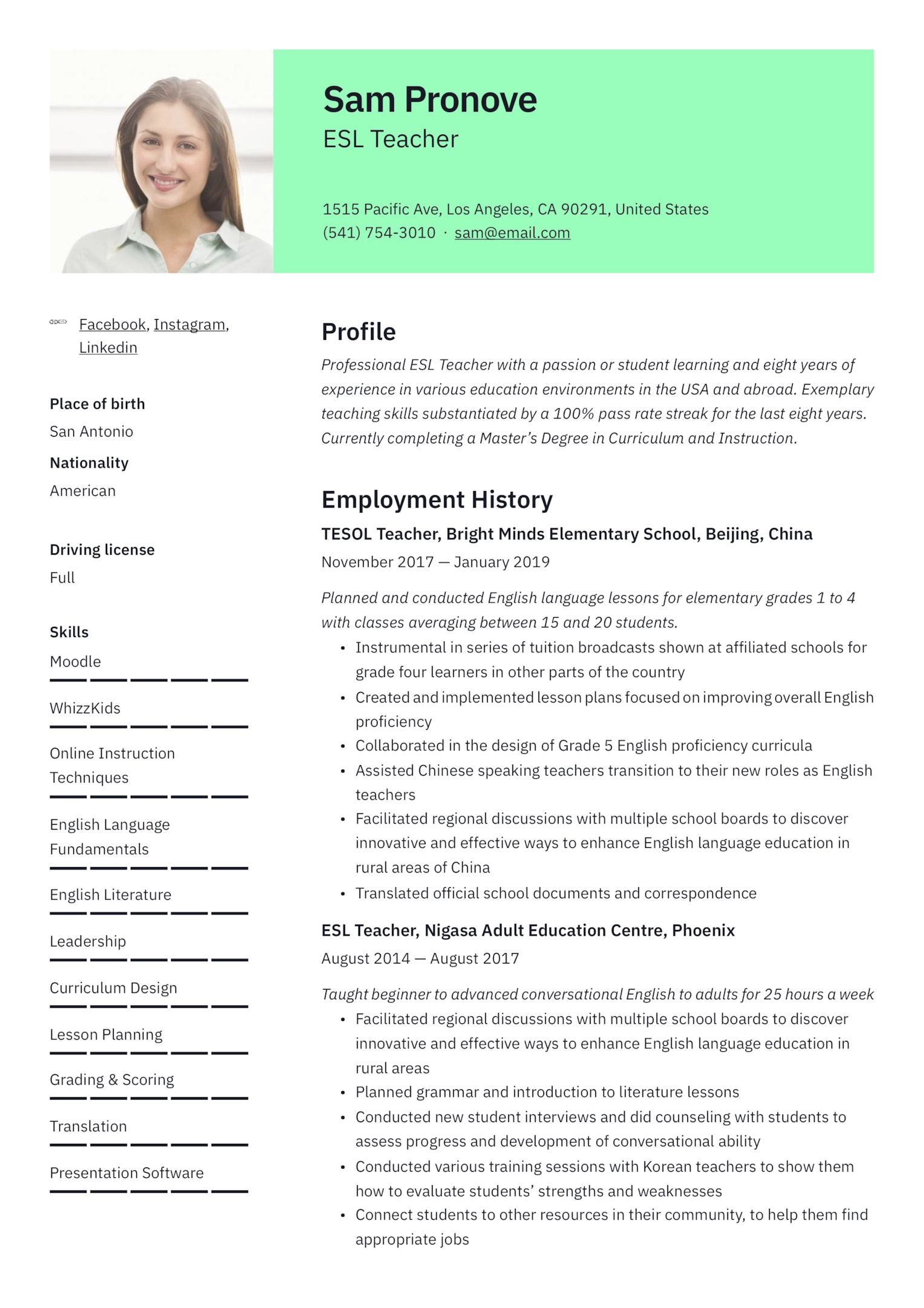 TEFL CV Example 1