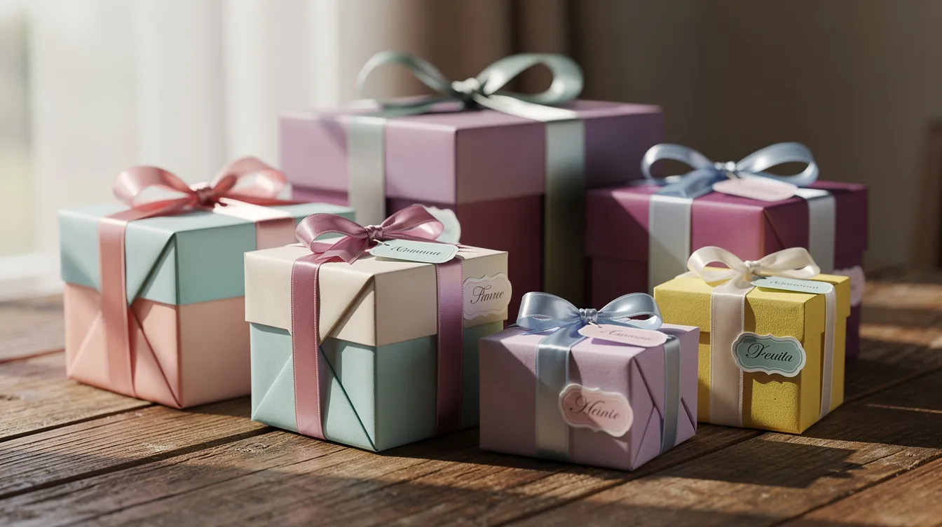 Personalized birthday gift ideas displayed as compact pastel boxes with ribbons and individual name tags