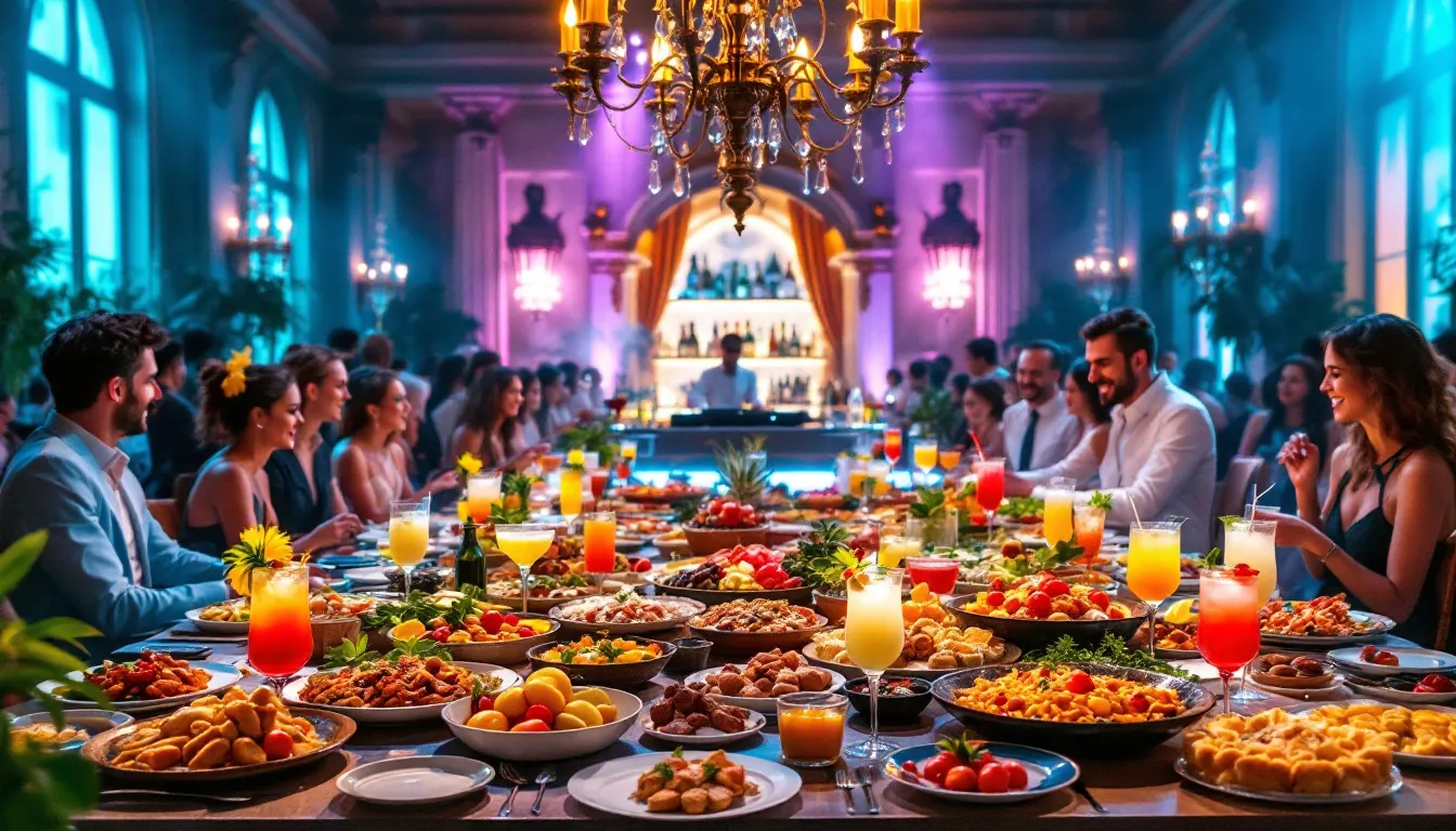 Banquete con una variedad de cócteles y platillos en un evento.