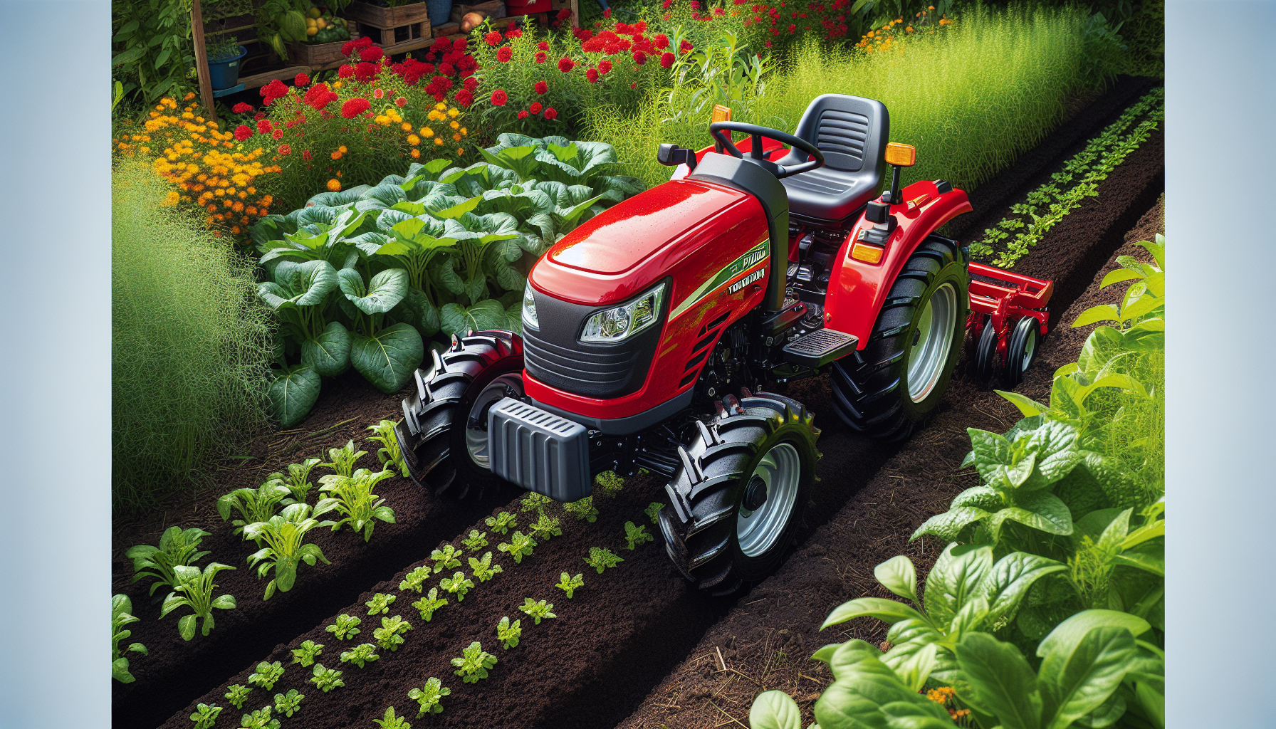A sub-compact tractor working in a small garden