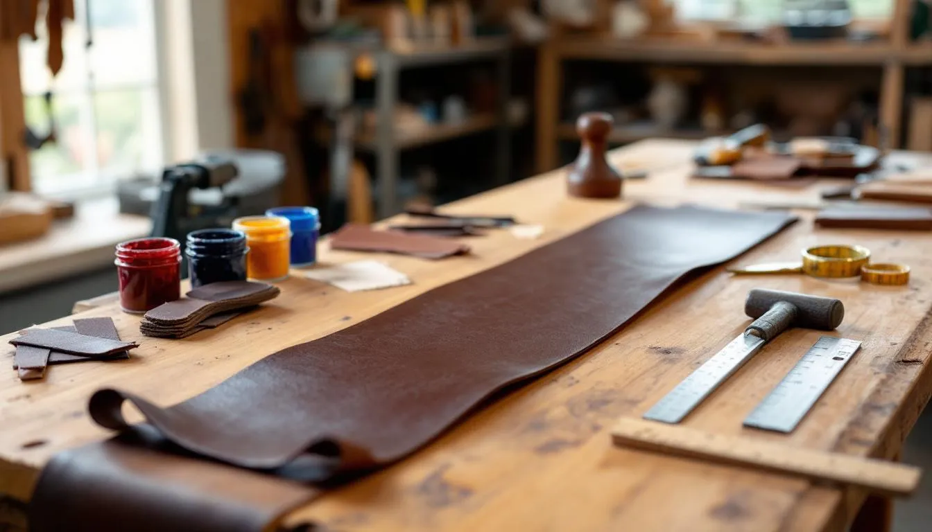 The image depicts a workshop setup filled with various tools and materials for crafting leather straps, showcasing an organized space where enthusiasts can create durable and elegant watch straps. Among the items are leather pieces, cutting tools, and stitching supplies, perfect for designing straps suitable for popular models like the Rolex Explorer and Explorer II.