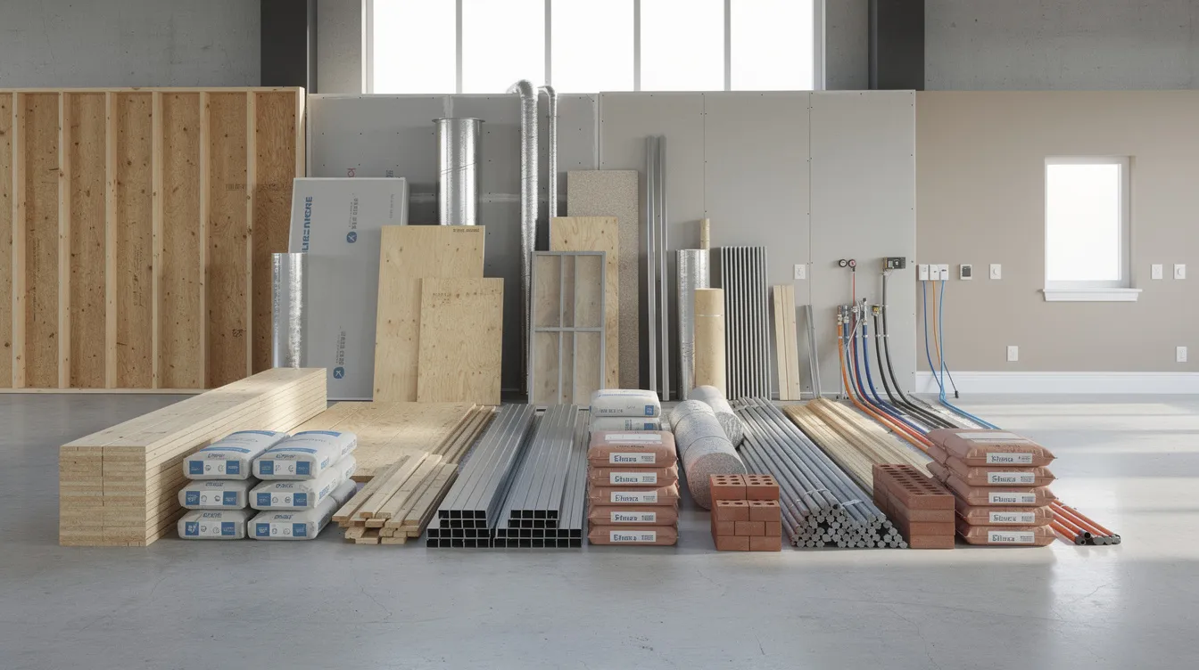The image depicts a collection of construction materials and various building interior components, highlighting elements essential for property improvements. This visual representation serves as a reminder of the importance of cost segregation studies for real estate investors, which can lead to significant tax savings through accelerated depreciation deductions and improved cash flow.