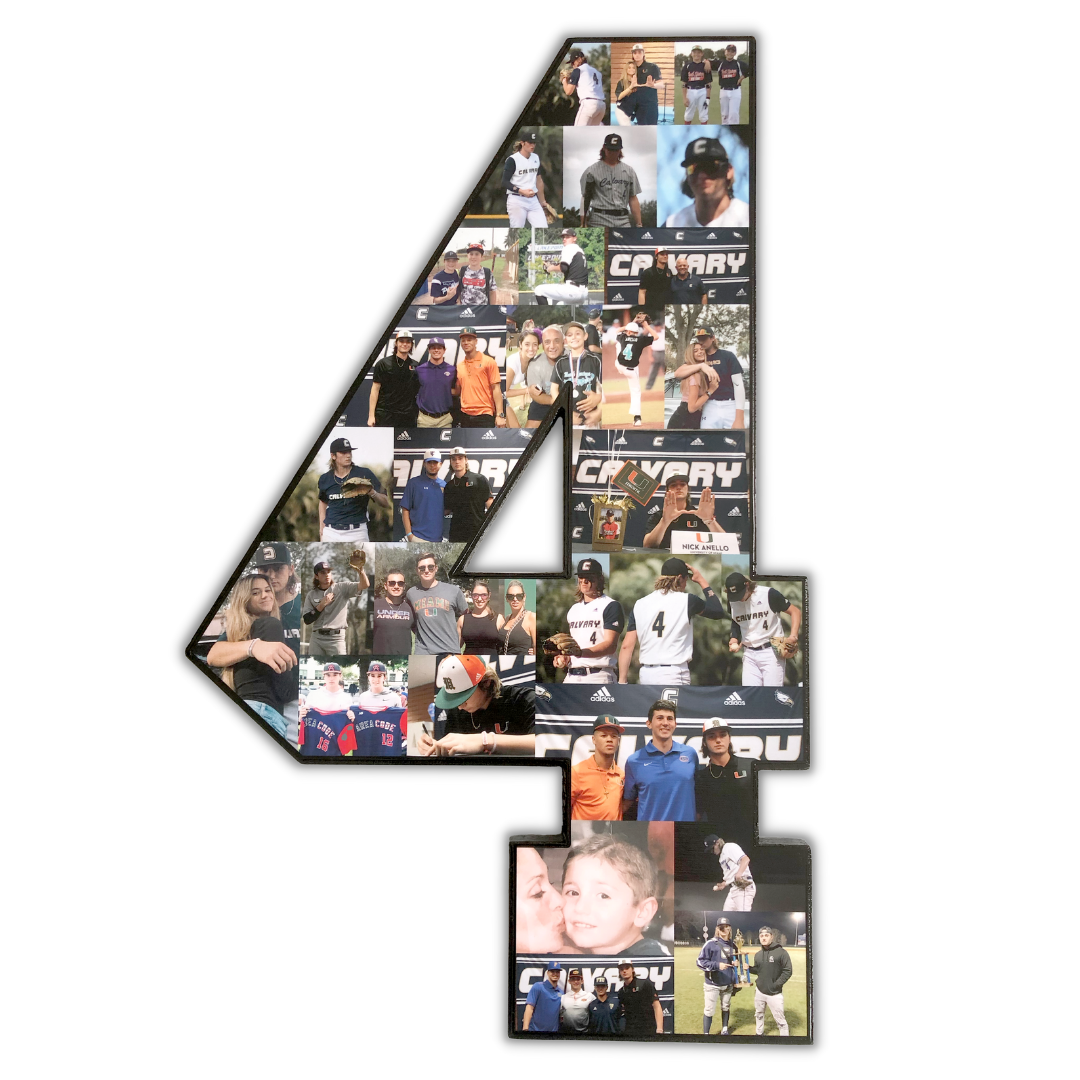 We make every number and letter and arrange your photos in a fun way that your baseball player will love.