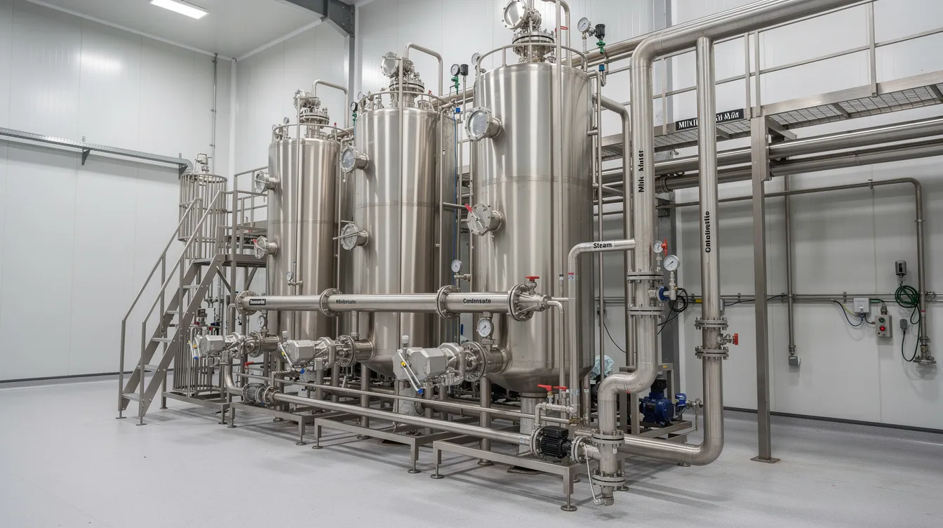 34bef2aa f33c 400e 83cc ccc2be10a1d1 The image shows a stainless steel multi-effect evaporator system with extensive piping, situated in a dairy processing plant dedicated to whey protein manufacturing. This advanced machinery is essential for the production of liquid whey and whey protein powder, playing a crucial role in the overall manufacturing process of protein supplements.