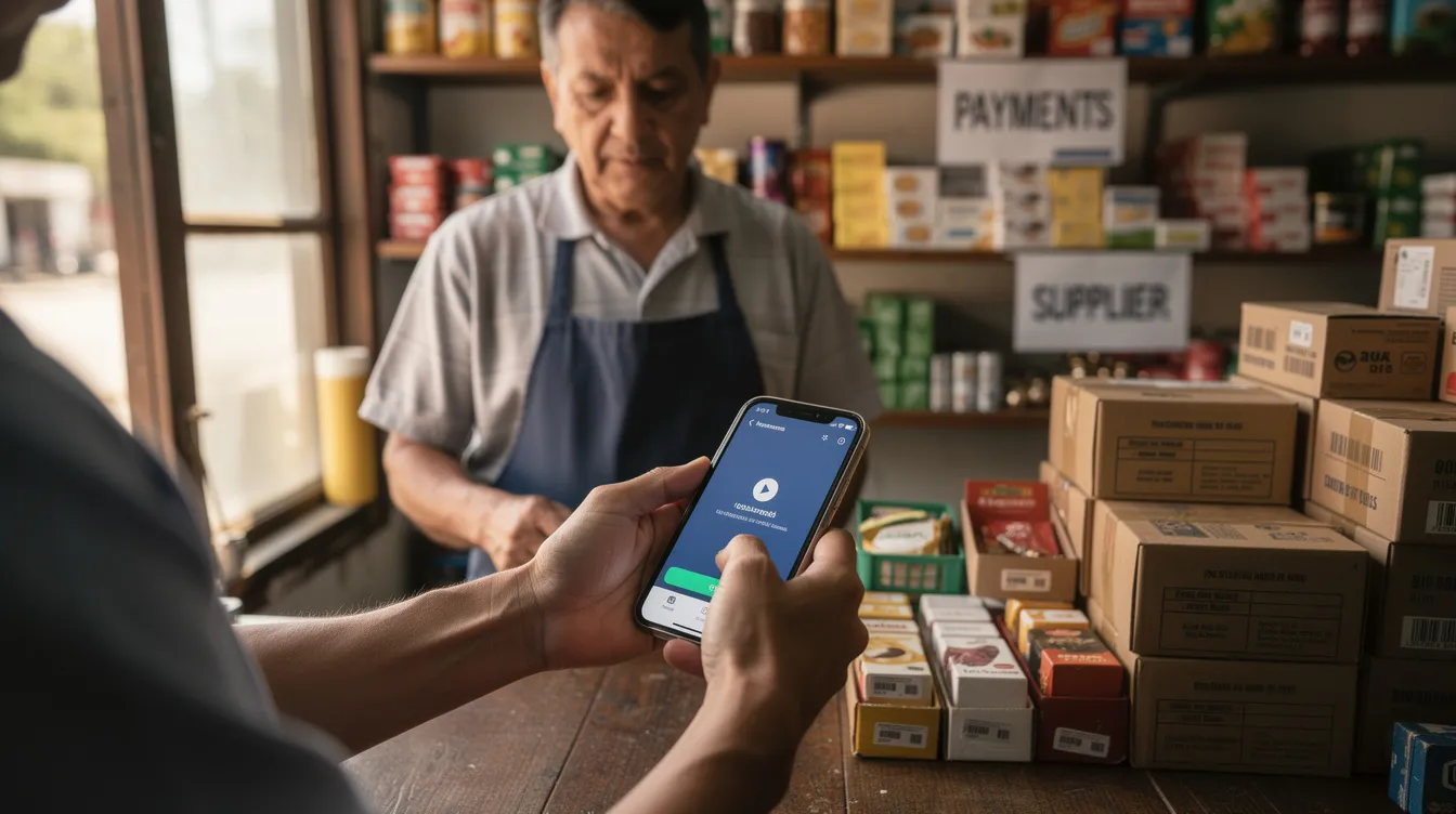 34bf2d39 6d31 4de2 882f ec46dbbeb14f A small shop owner is using a mobile phone to make a digital payment to a supplier, demonstrating the importance of cash flow management in small businesses. This transaction highlights the convenience of modern financing activities and the critical role of digital payments in maintaining financial health.