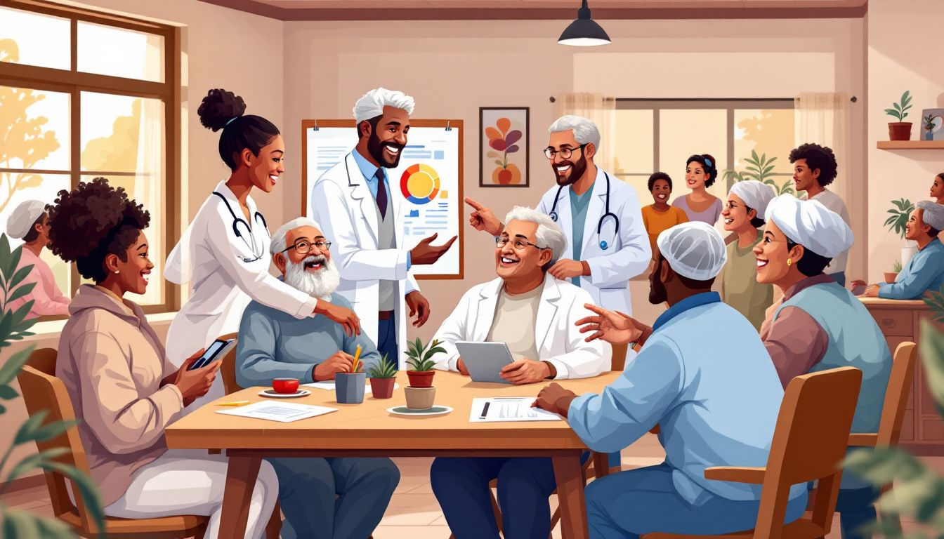 A depiction of health professionals collaborating with patients, illustrating the role of health professionals in chronic disease management.