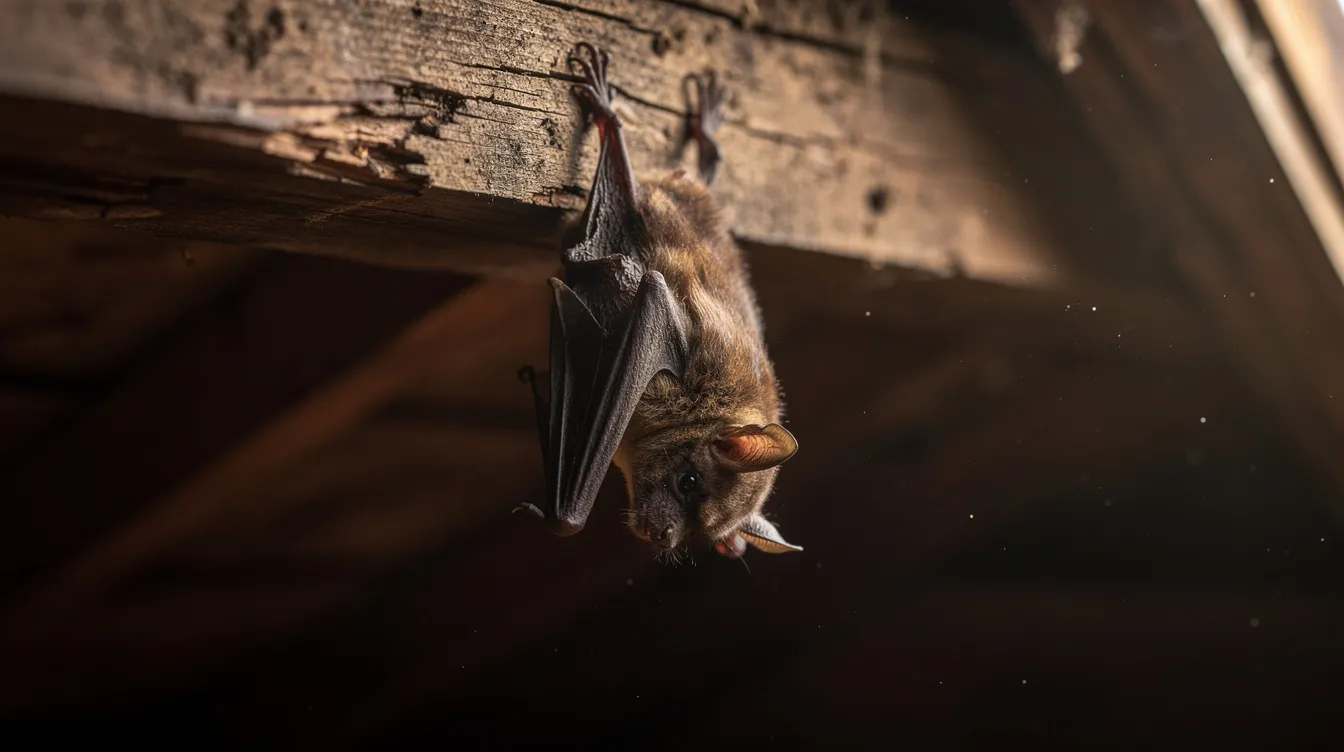 A small brown bat clings to a wooden beam in a dimly lit attic, highlighting the potential for bat infestations that pose health risks due to bat droppings. This image serves as a reminder of the importance of professional wildlife removal services for safe and humane bat removal.