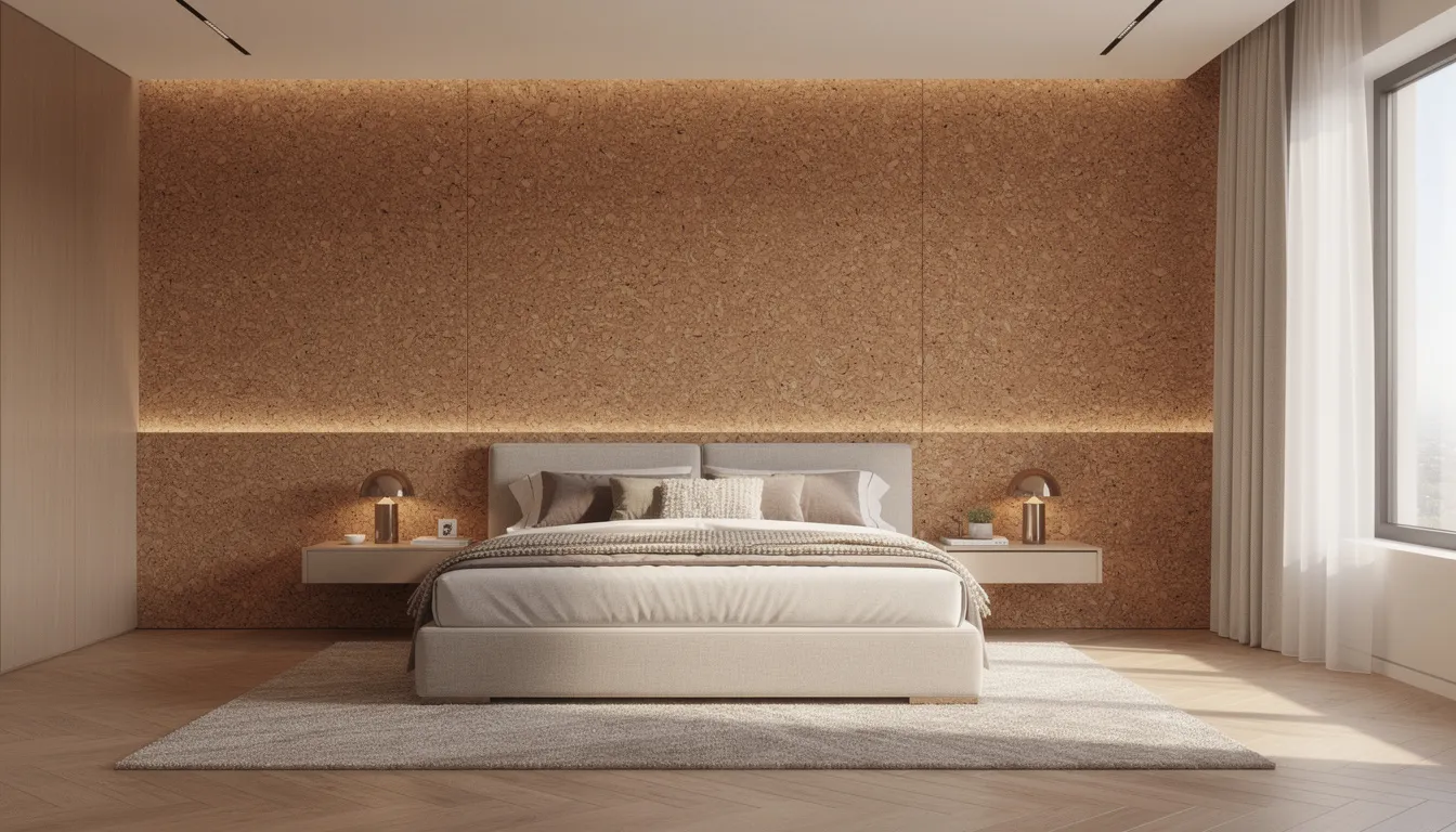 Een luxe slaapkamer met een boxspring bed, waar een kurk wandpaneel als achterwand dient, geeft de ruimte een natuurlijke uitstraling en zorgt voor betere akoestiek. De warme uitstraling van de kurk panelen maakt deze slaapkamer tot een ideale plek voor ontspanning en welzijn.