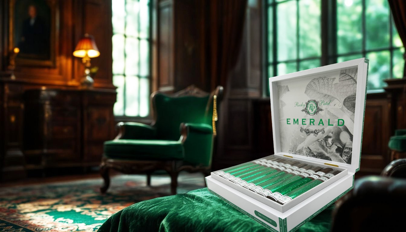 Rocky Patel Emerald Robusto cigar in a classic humidor.