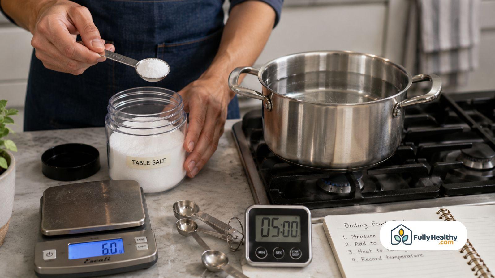Measuring table salt before heating water for simple kitchen boiling experiment carefully
