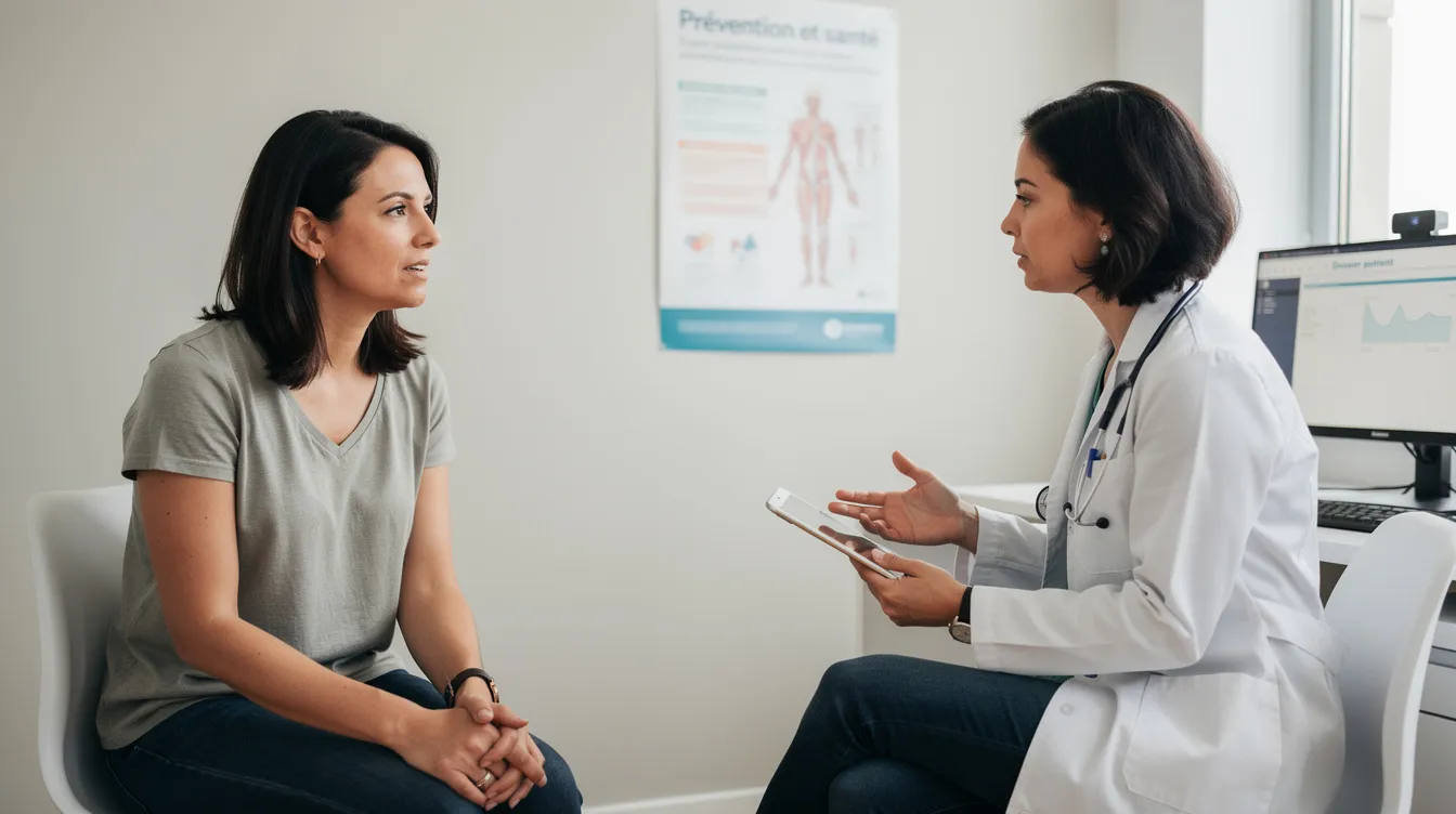Une femme est en consultation médicale, discutant avec un professionnel de santé des enjeux liés au syndrome des ovaires polykystiques (SOPK), notamment la gestion de l'alimentation et la résistance à l'insuline. Cette interaction vise à aborder des sujets comme l'indice glycémique des aliments et les symptômes associés, afin d'améliorer la santé et le bien-être des femmes atteintes de SOPK.