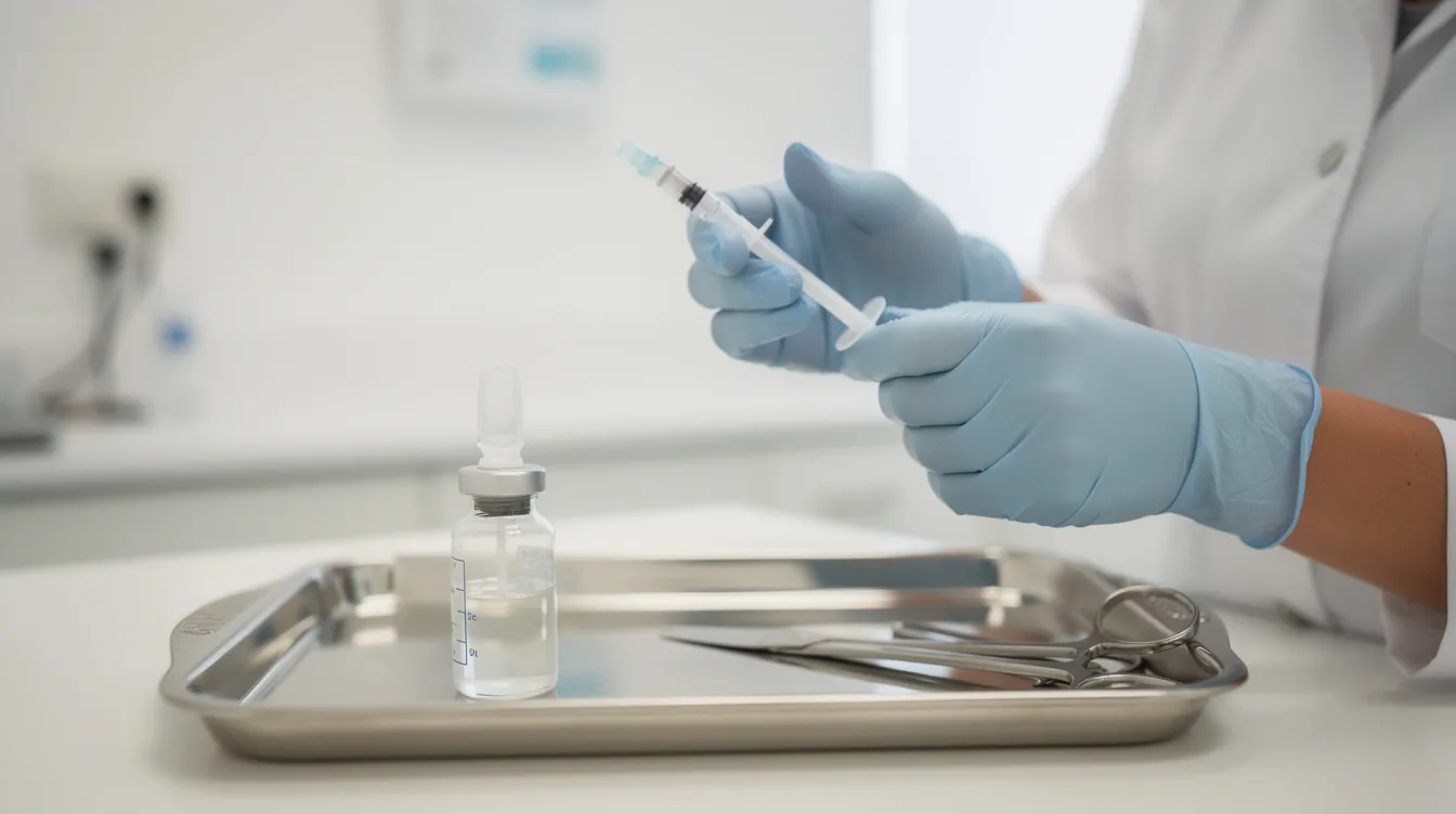 A close-up image shows a medical professional's gloved hands preparing a syringe next to a sterile tray in a modern treatment room, highlighting the precision involved in procedures like Sculptra butt enhancement. This minimally invasive technique stimulates the body's natural collagen production to achieve natural-looking results in the buttocks area.