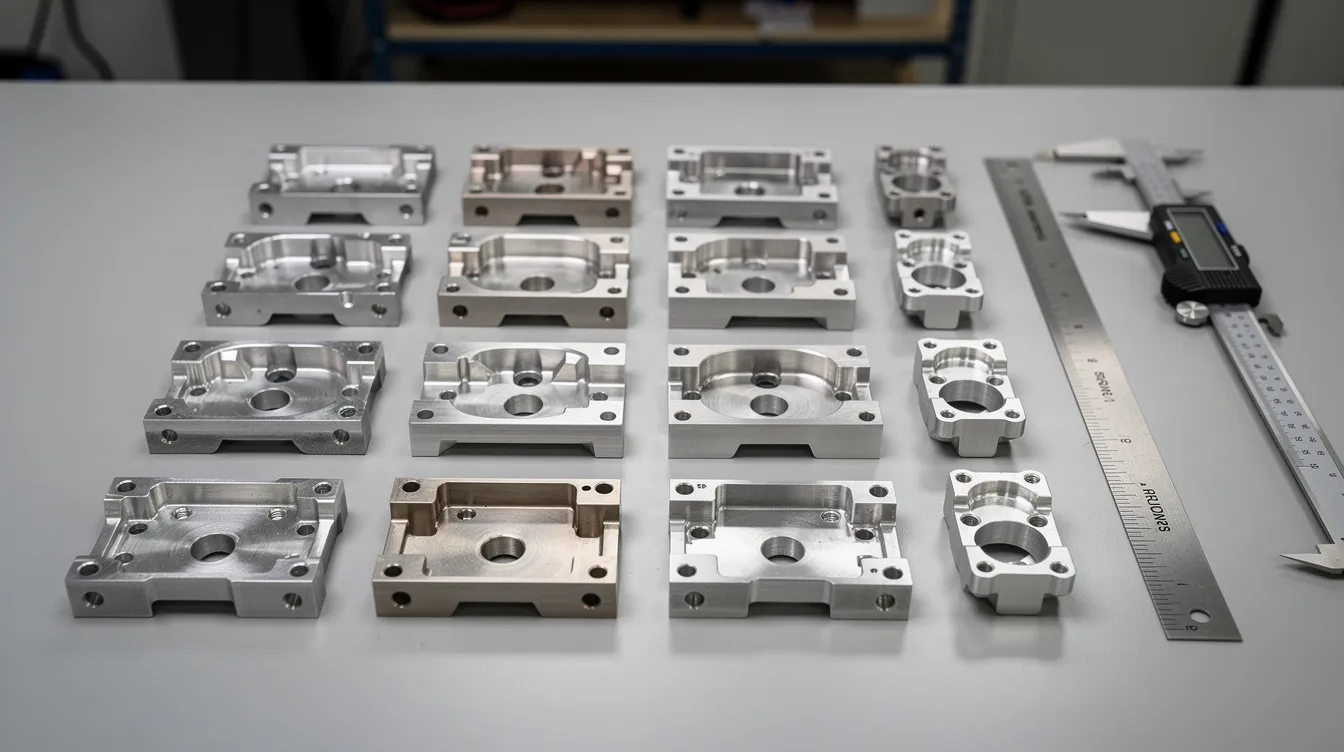 The image shows multiple precision CNC machined metal parts in various stages of finishing, arranged neatly on an inspection table, with calipers positioned nearby for measurement. These parts reflect the high-quality standards of CNC machining services, emphasizing tight tolerances and wear resistance.