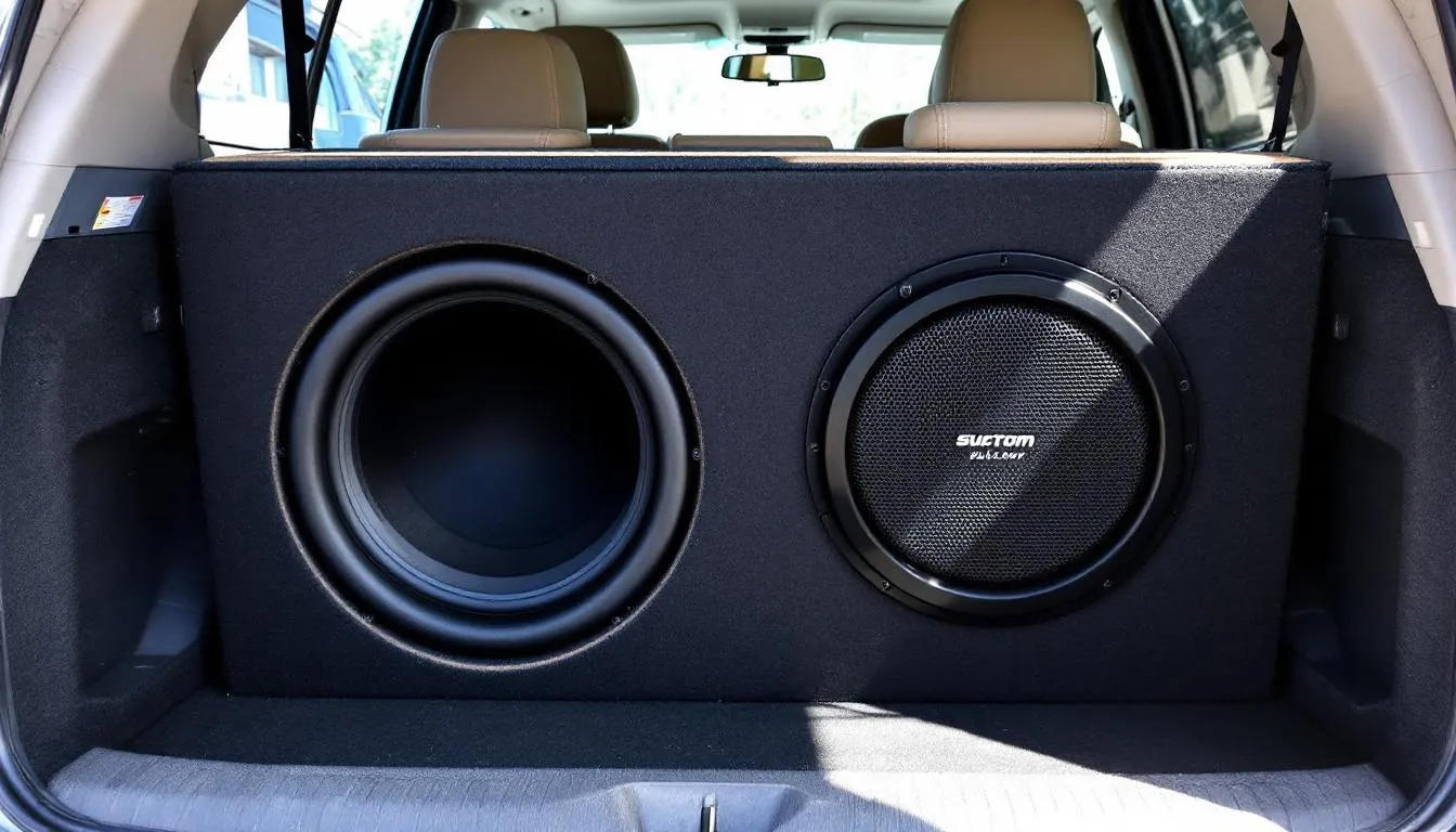 The image shows a custom fabricated subwoofer enclosure installed in the trunk of a vehicle, showcasing superior sound performance for an enhanced music experience. The enclosure is designed with precision, reflecting the craftsmanship and passion of skilled installers in the car audio business.