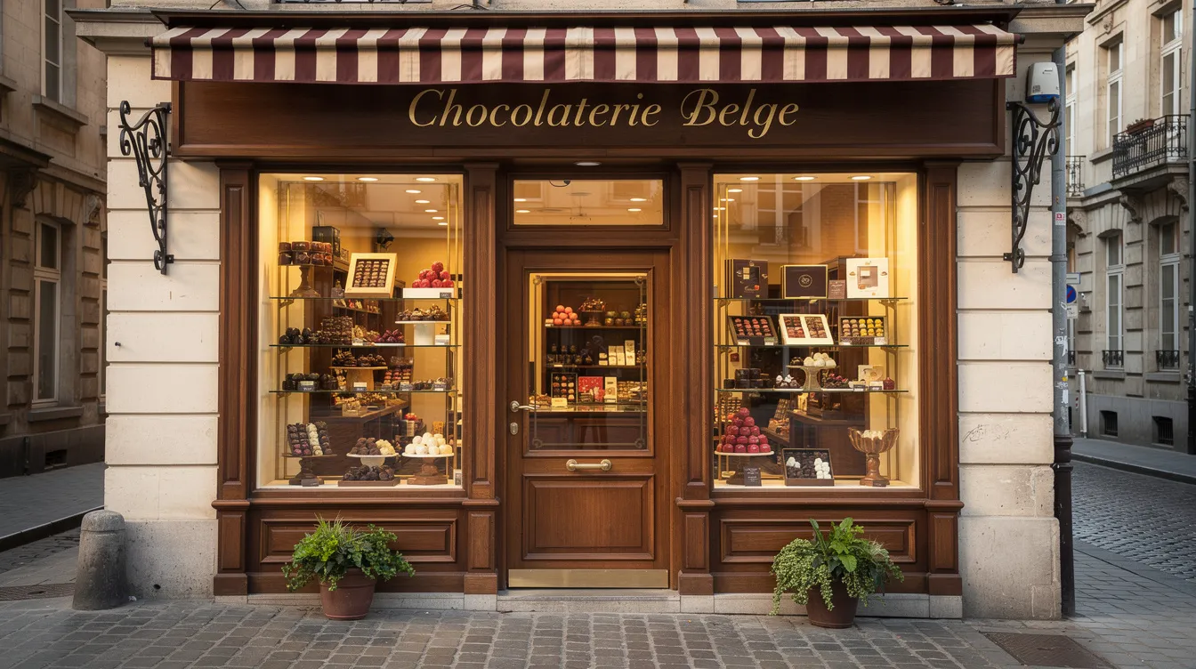 La façade d'une boutique de chocolat belge présente des vitrines élégantes, mettant en valeur des pralines et des douceurs artisanales, symbole du savoir-faire des chocolatiers de Belgique. Cette chocolaterie, située dans une rue animée, invite les amateurs de chocolat à découvrir ses créations raffinées et savoureuses.