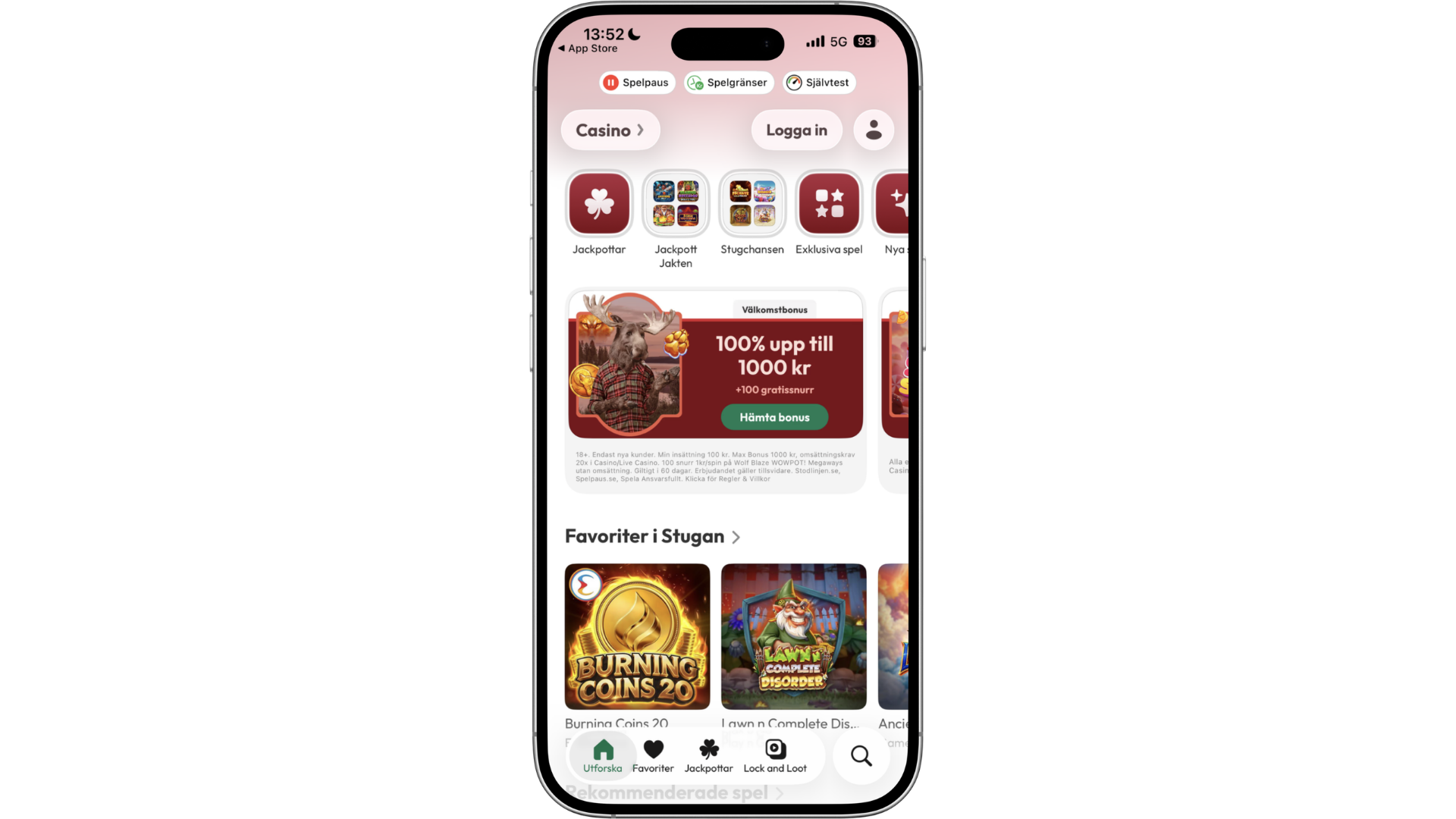 Casinostugans app på mobilen med välkomstbonus, spelkategorier och casinospel.