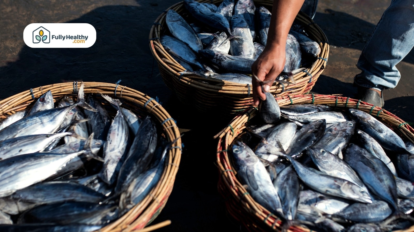 Fisherman sorting tuna in large woven baskets at the market