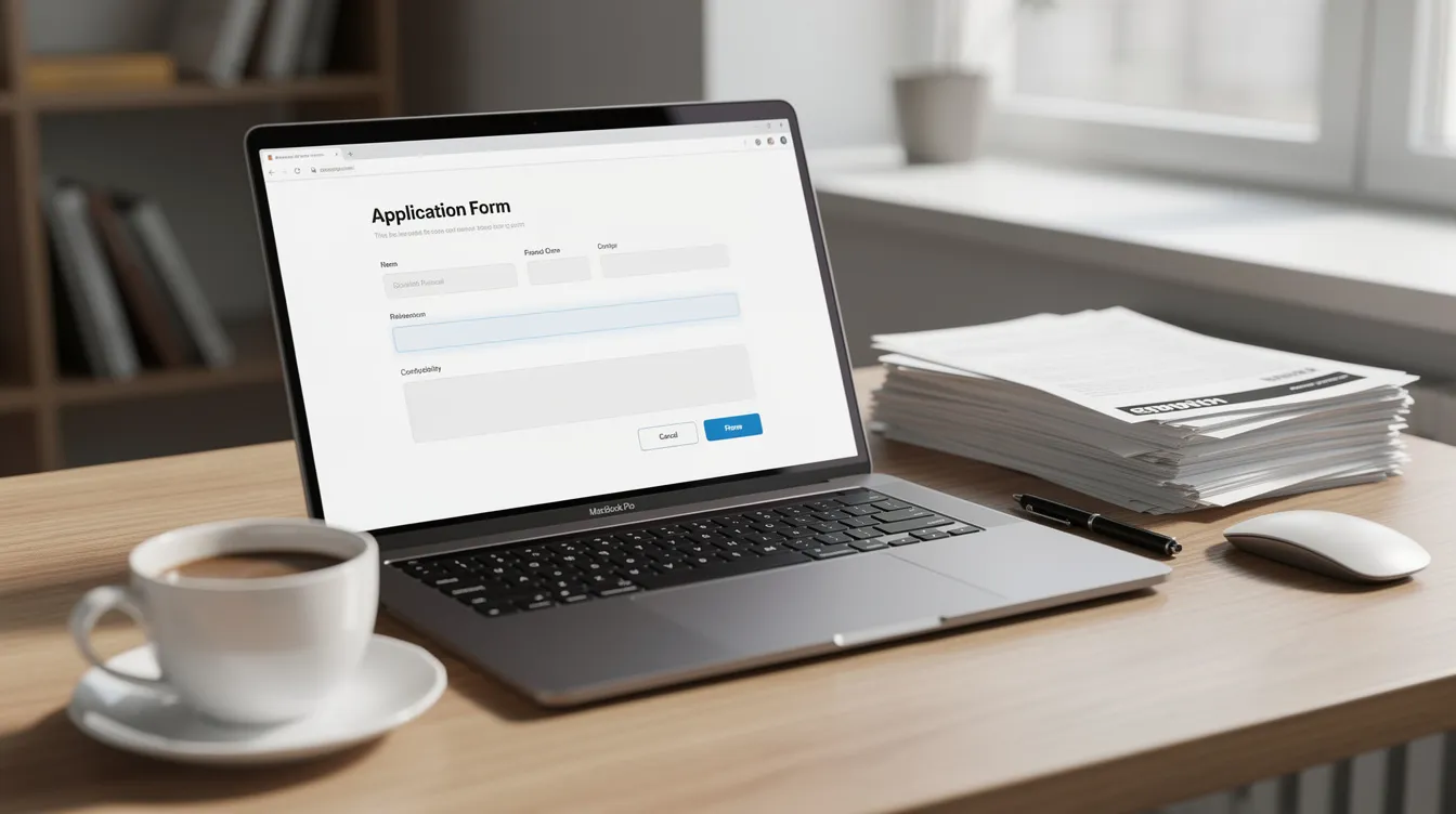 The image shows a laptop screen displaying a digital form filled with various financial documents, alongside a cup of coffee resting on a desk. This scene suggests a workspace focused on managing personal finances, possibly related to 二線 清 數 or 清 數 貸款.