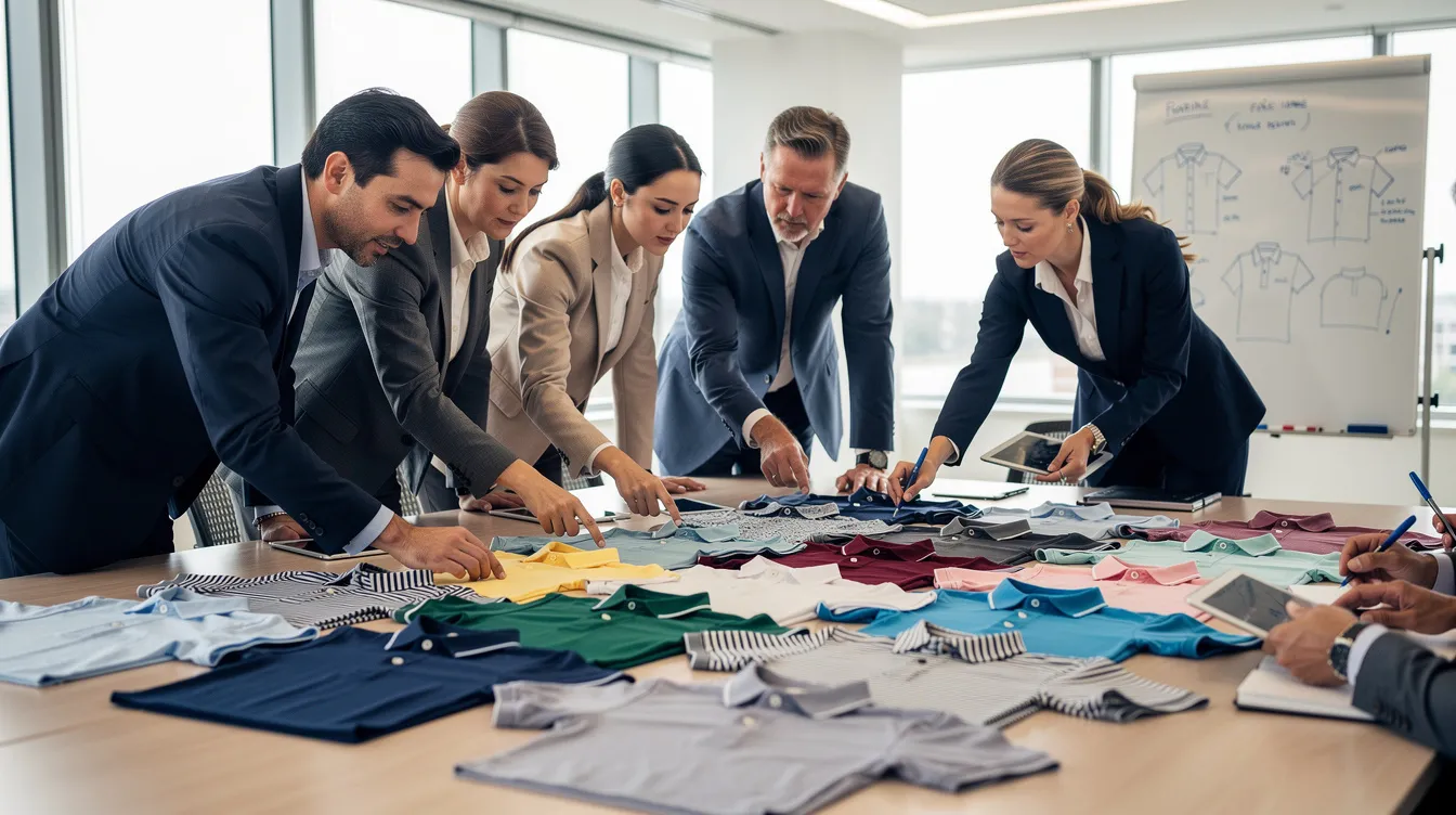 A business team is gathered around a conference table, examining various polo shirt samples, including short sleeve polos and long sleeve polos made from different fabrics like pique and jersey knit. They are discussing the styles and features of each shirt, considering options for business casual settings and casual outings.