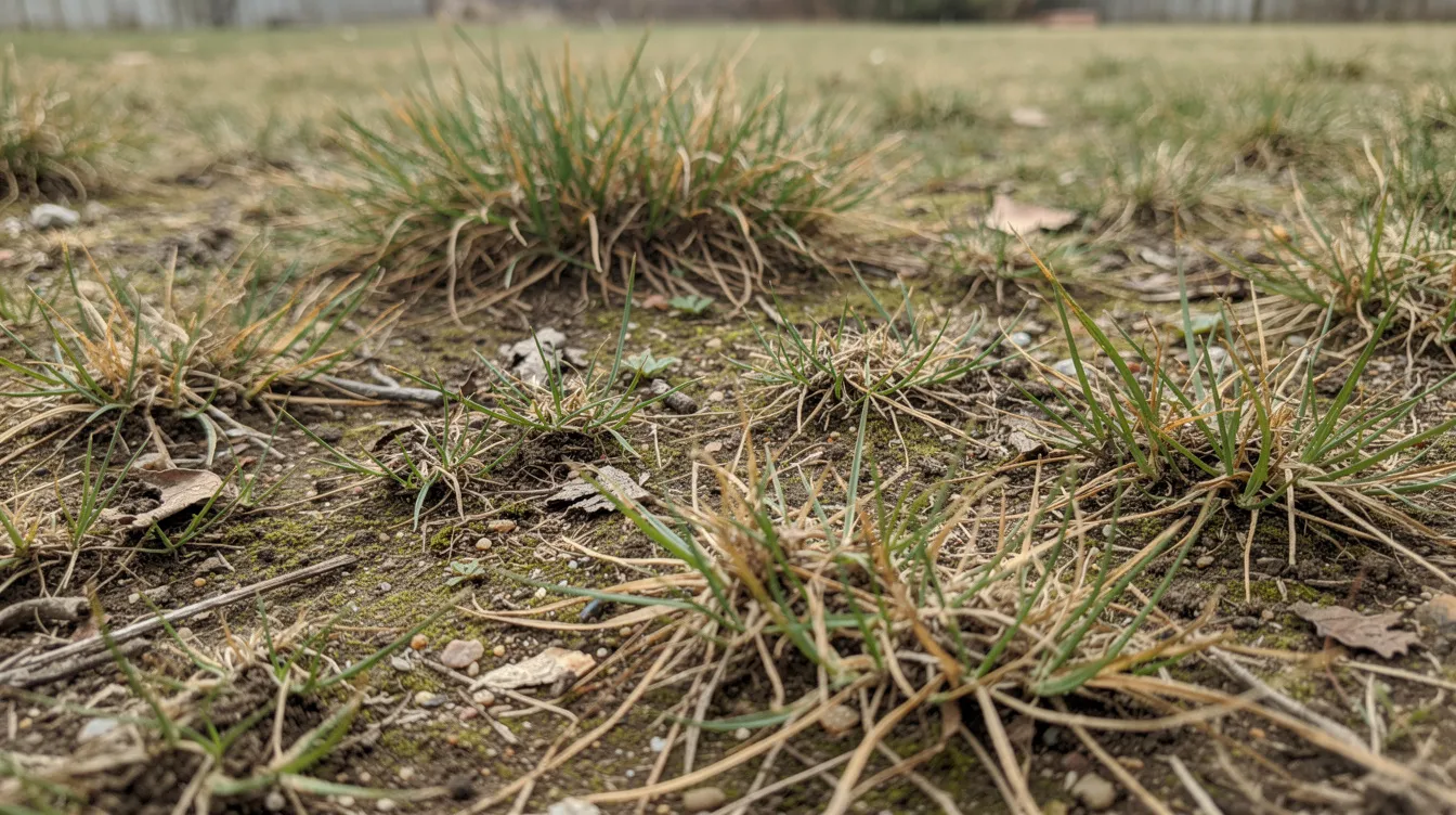 The image depicts a patchy lawn with several bare spots and uneven grass growth, indicating the need for lawn repair. This area could benefit from sowing lawn seed to restore a lush, green appearance and promote strong roots in the soil.