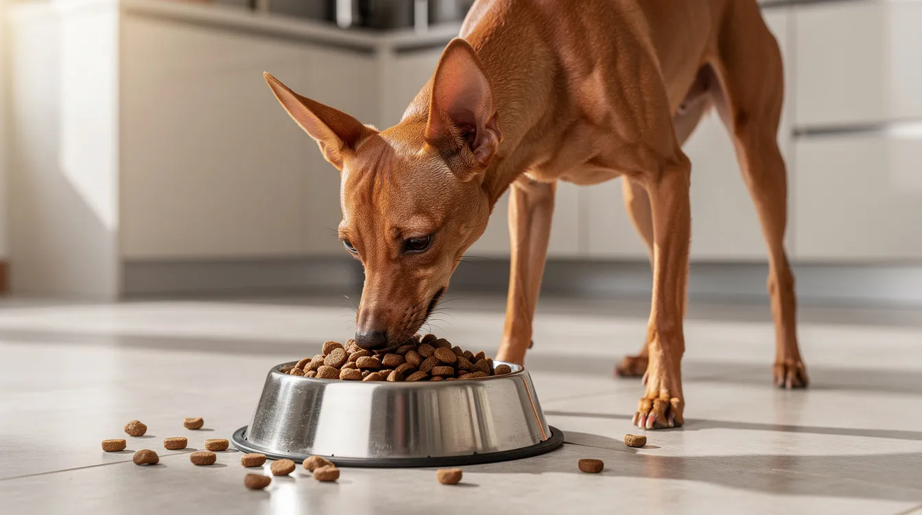 A Cirneco dell'Etna dog, known for its sweet nature and upright ears, is happily eating high-quality kibble from a dog bowl. This ancient breed, originally from the island of Sicily, showcases its healthy, short coat while enjoying a nutritious meal.