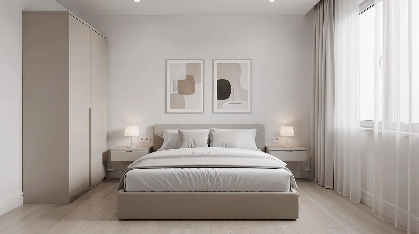The image depicts a compact modern bedroom featuring neutral tones and minimal furniture, showcasing a stylish bed with built-in storage drawers that maximize valuable floor space. The overall design emphasizes functionality, perfect for small spaces, while maintaining a clean and uncluttered aesthetic.