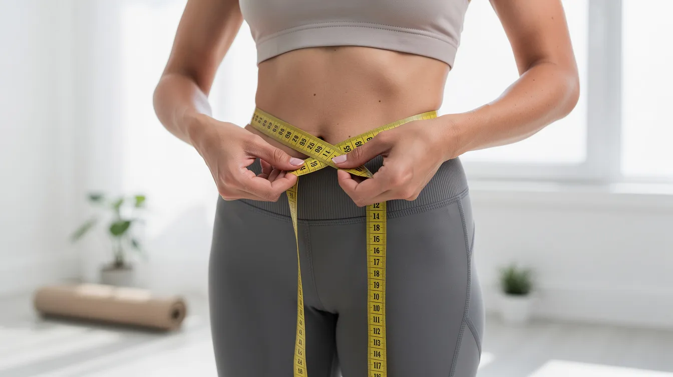 The image shows a person measuring their waist with a tape measure in a bright, clean environment, possibly reflecting their journey of significant weight loss. This act may highlight concerns related to loose skin and skin elasticity after major weight loss or bariatric surgery.